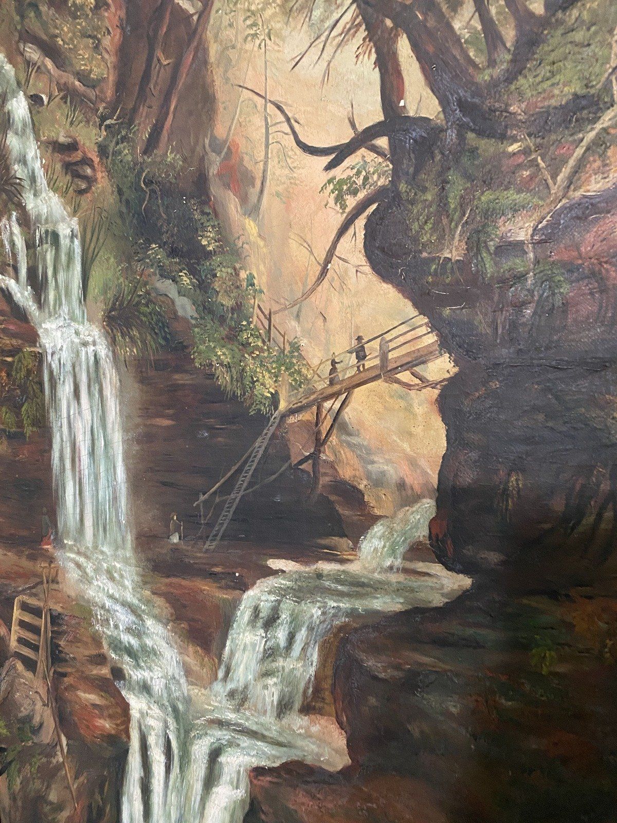 Vintage Original Oil Painting of Cliffside Waterfall - Unsigned - 53x21 2