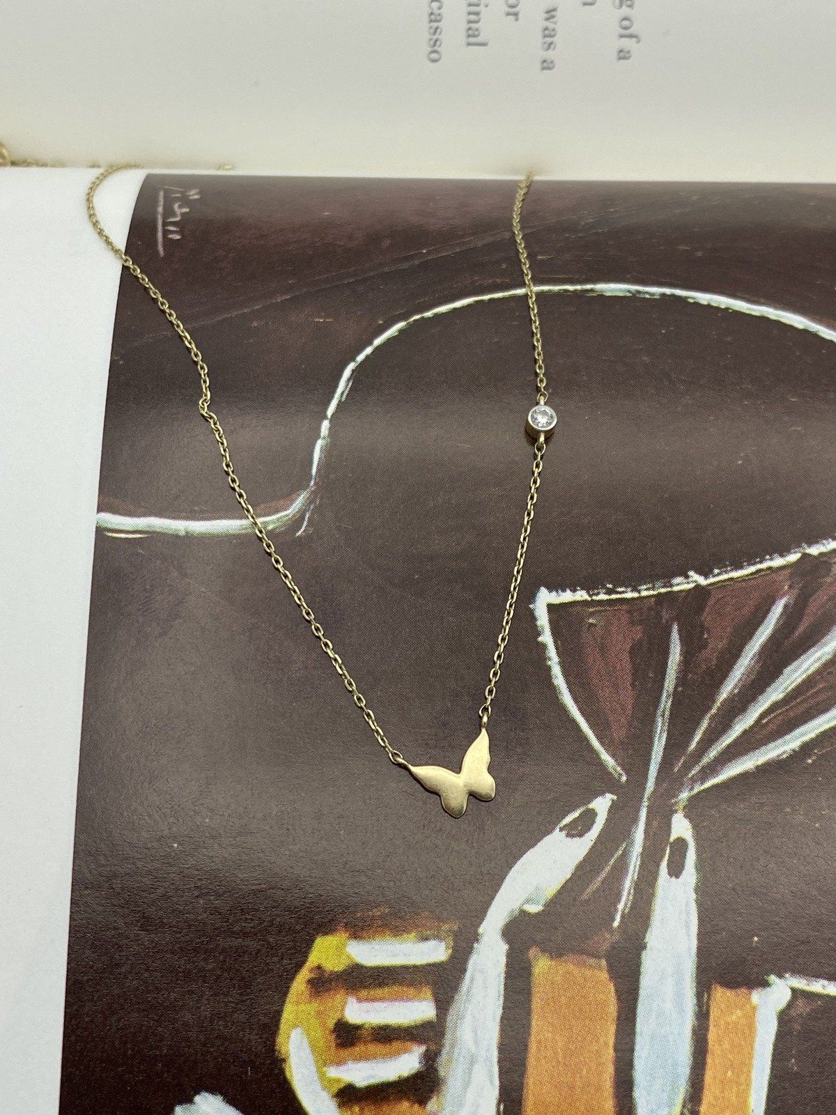 14k Butterfly Necklace w Small Bezel Set Diamond Chain Detail 16L 3