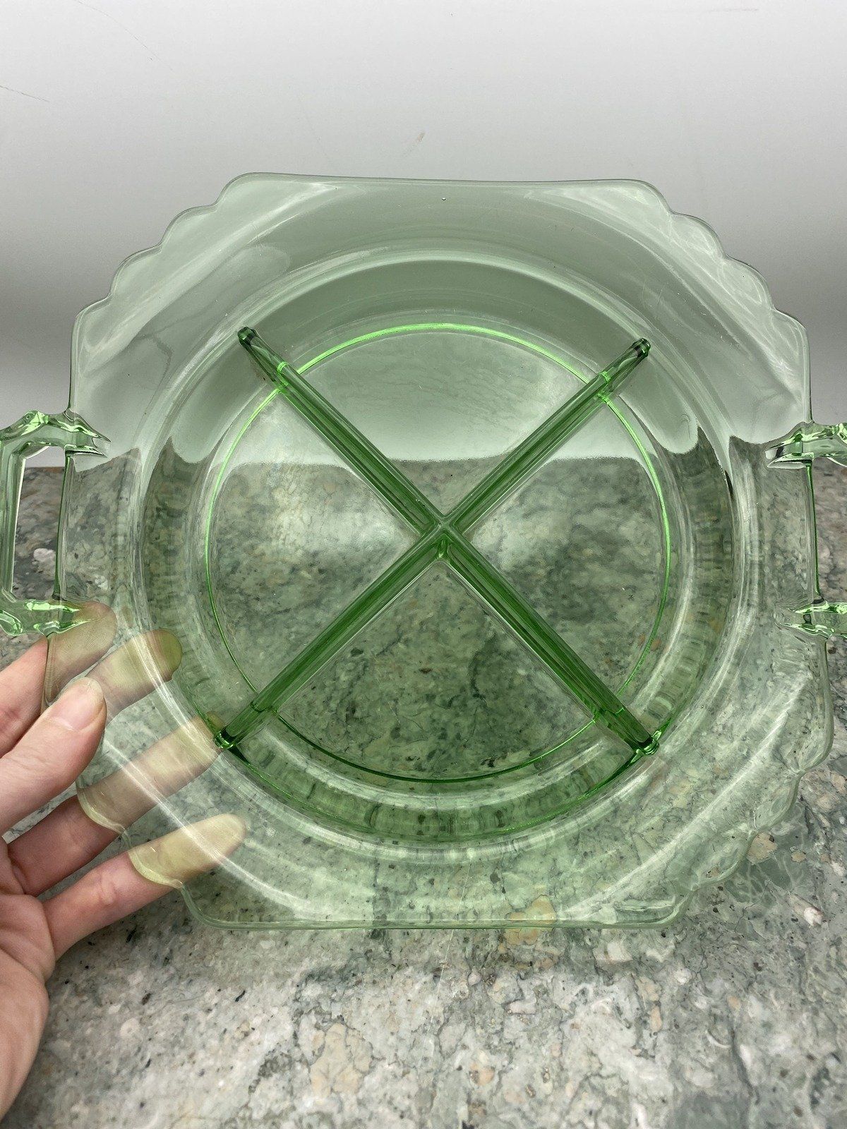 Divided Green Depression Glass Appetizer Dish Plate 2