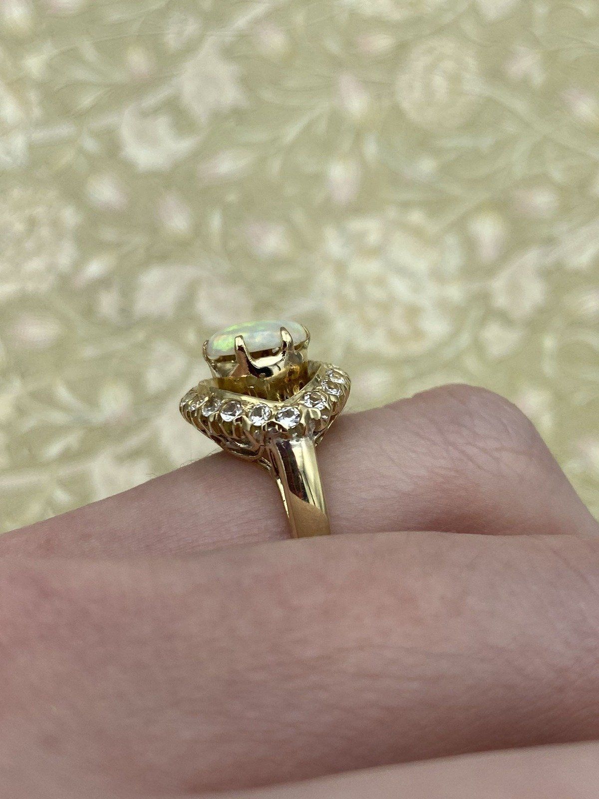 Antique 14k Gold Opal + Old Mine Diamond Almond Eye Ring 6