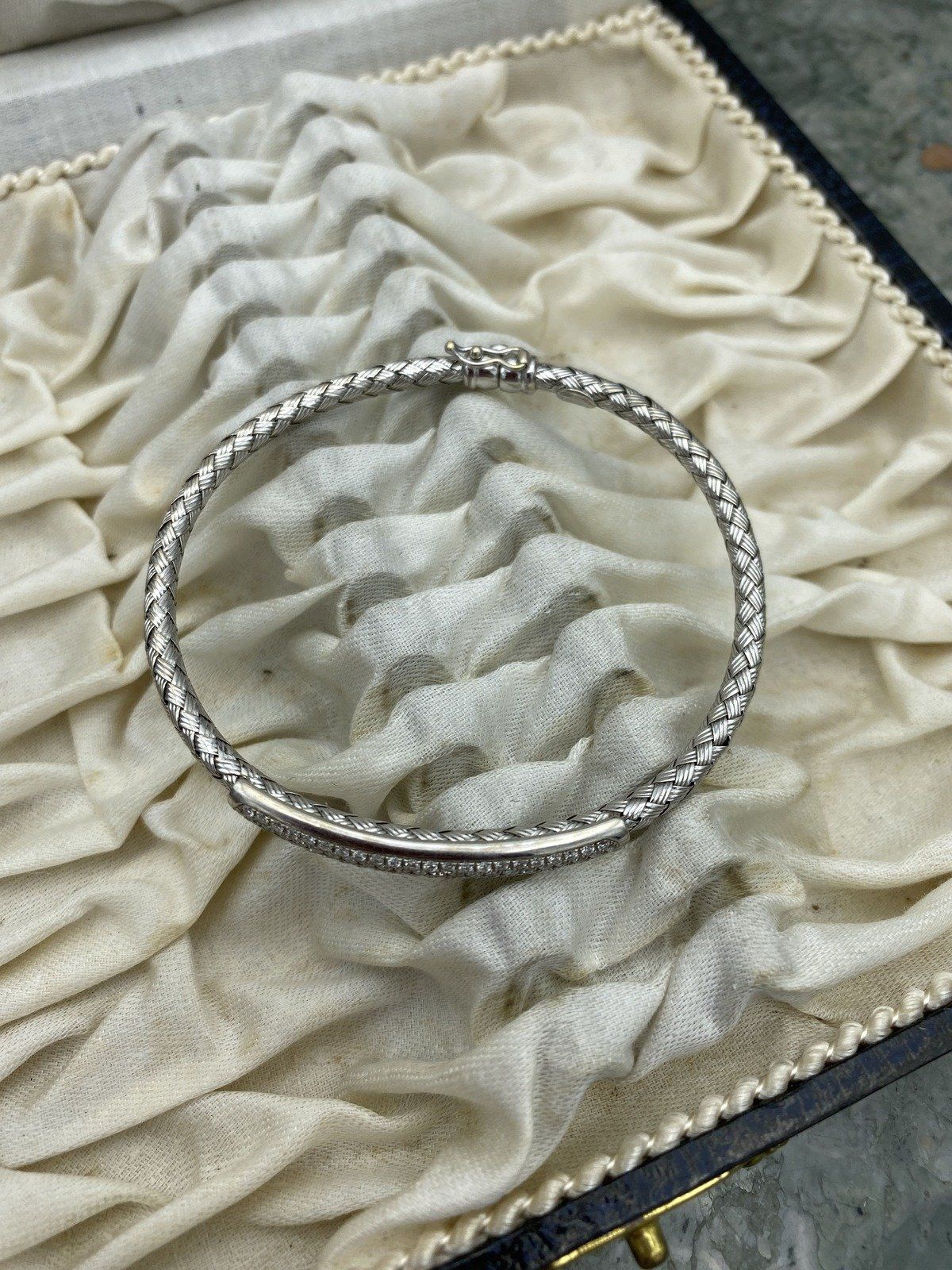14k White Gold Woven Wire Pave Diamond Bangle Bracelet 7L #2539 3