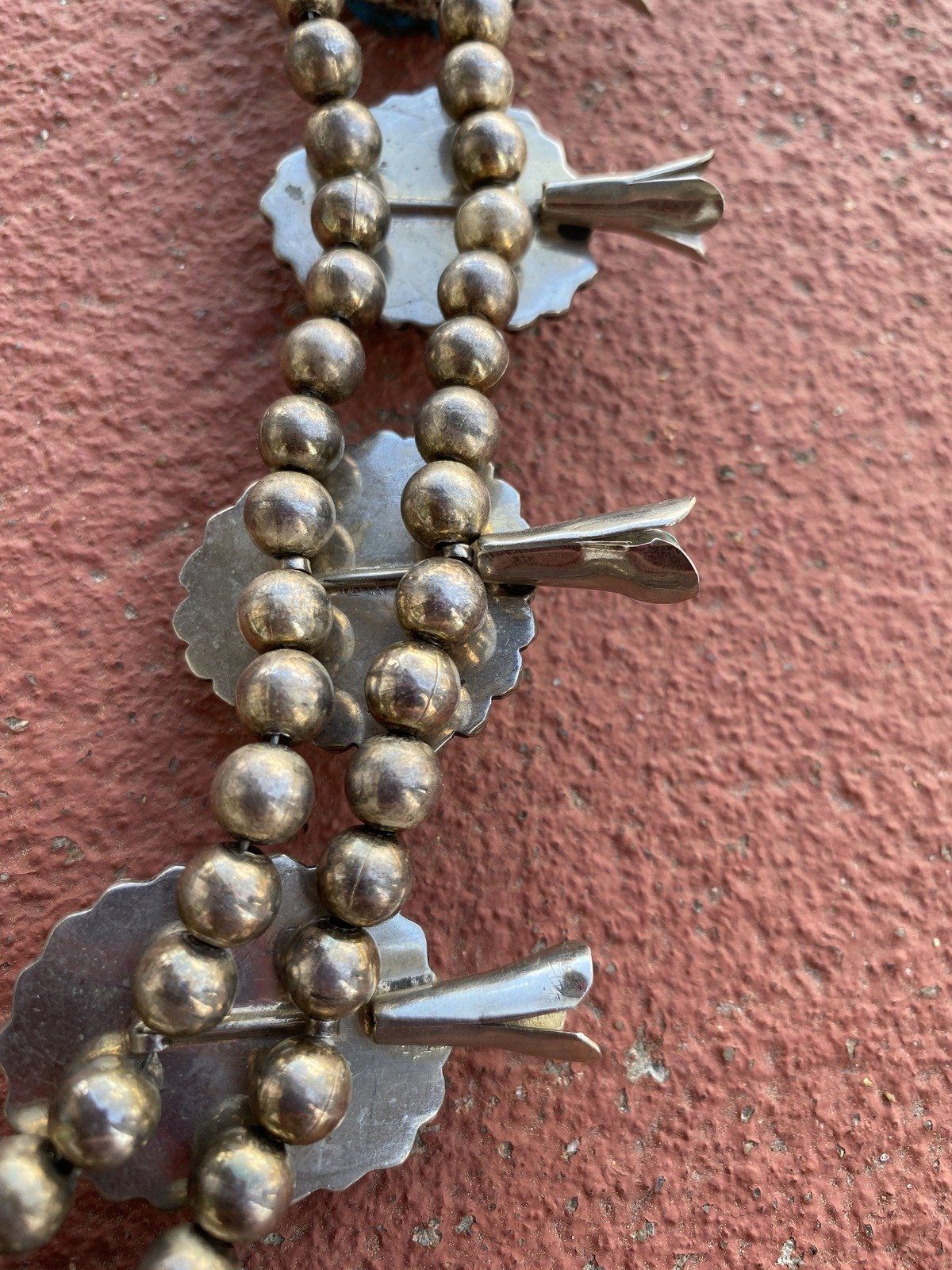 Vintage c.1970s Unsigned Navajo Native American Turquoise Squash Blossom Necklace 9