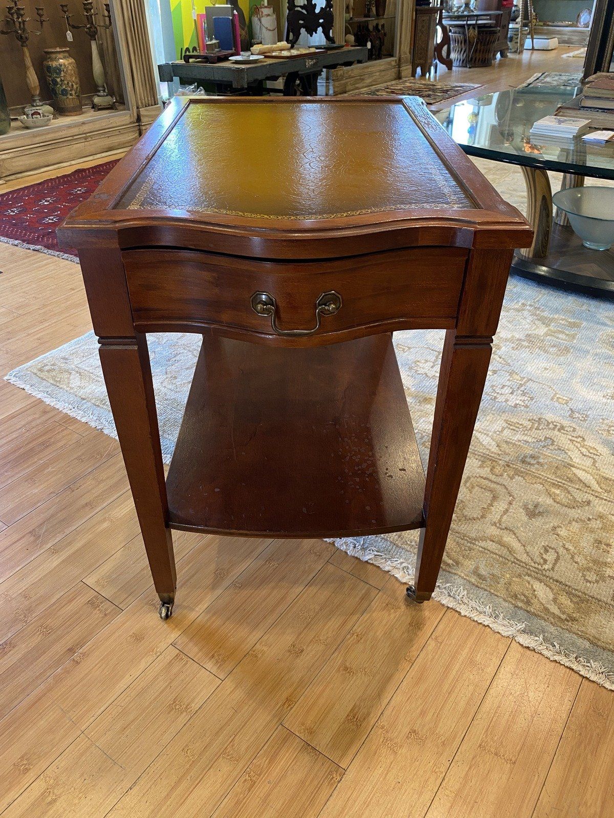 Vintage Mid Century Mersman Leather Top Side Table w Wheels
