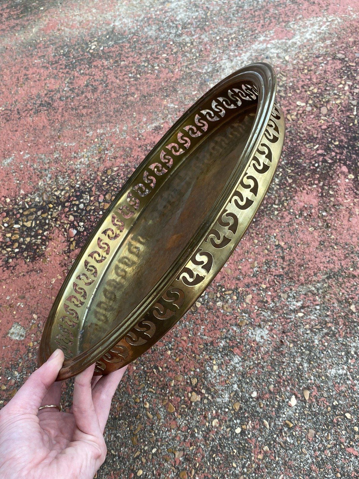 Circular Etched Brass Vintage Serving Tray w Reticulated Edge 4