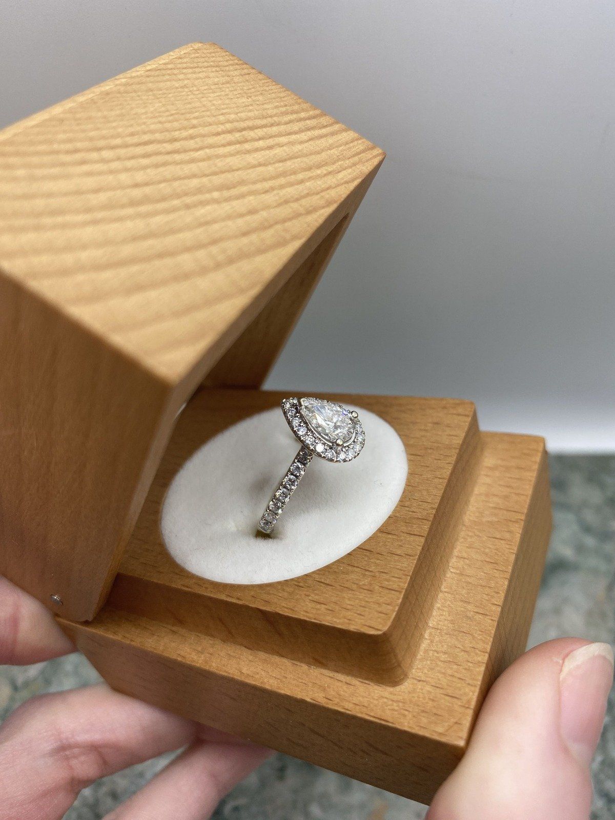 Modern Classic 14k White Gold .75ct Pear Cut Diamond Center Engagement Ring w Diamond Framing + Shoulders 3