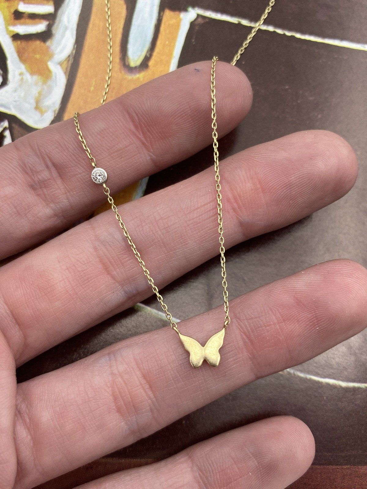 14k Butterfly Necklace w Small Bezel Set Diamond Chain Detail 16L 8