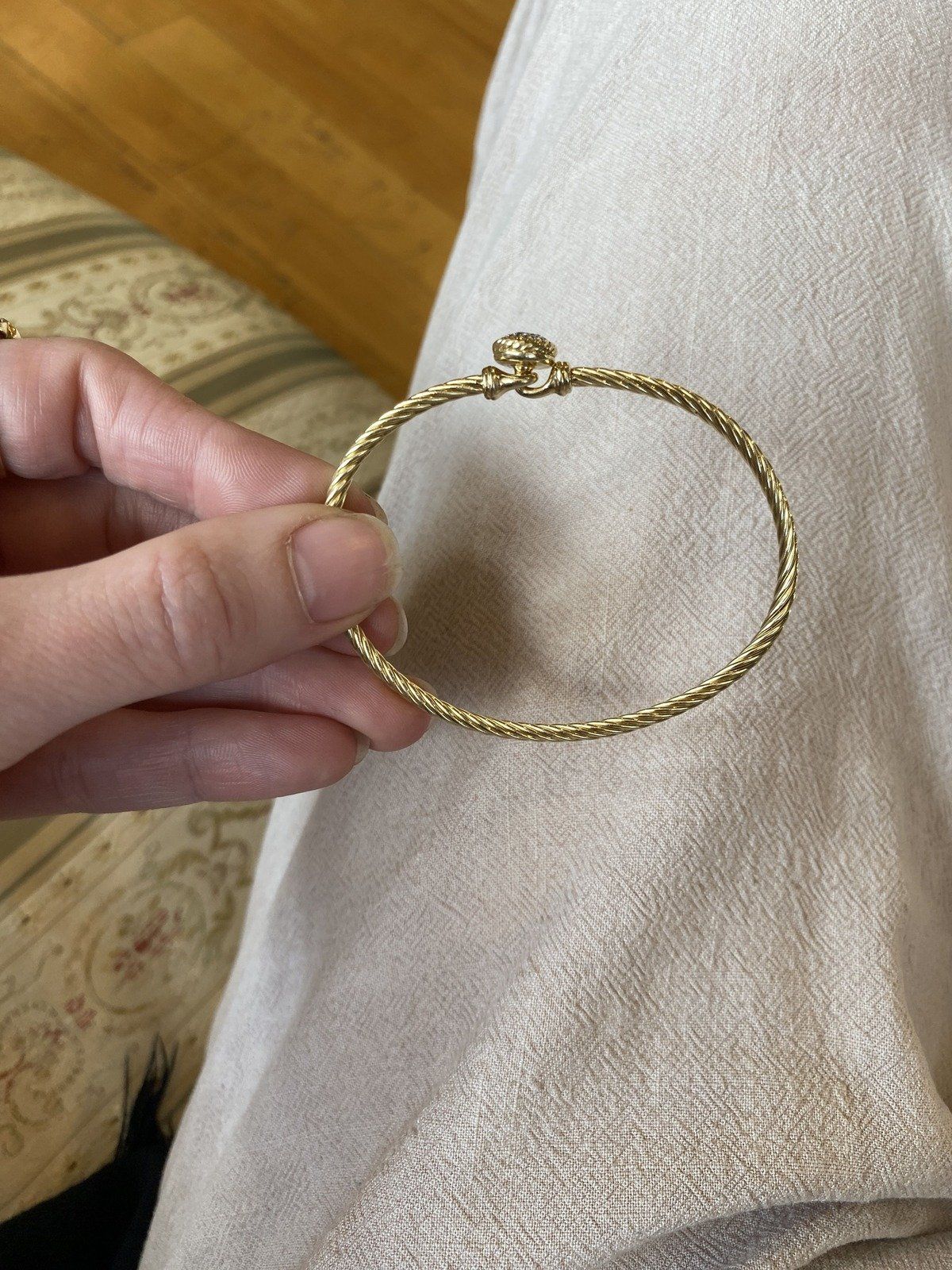 David Yurman 18k Solid Gold 3mm Cable Twist Bangle Bracelet w Pave Diamond Circlet Finial 6.5 6