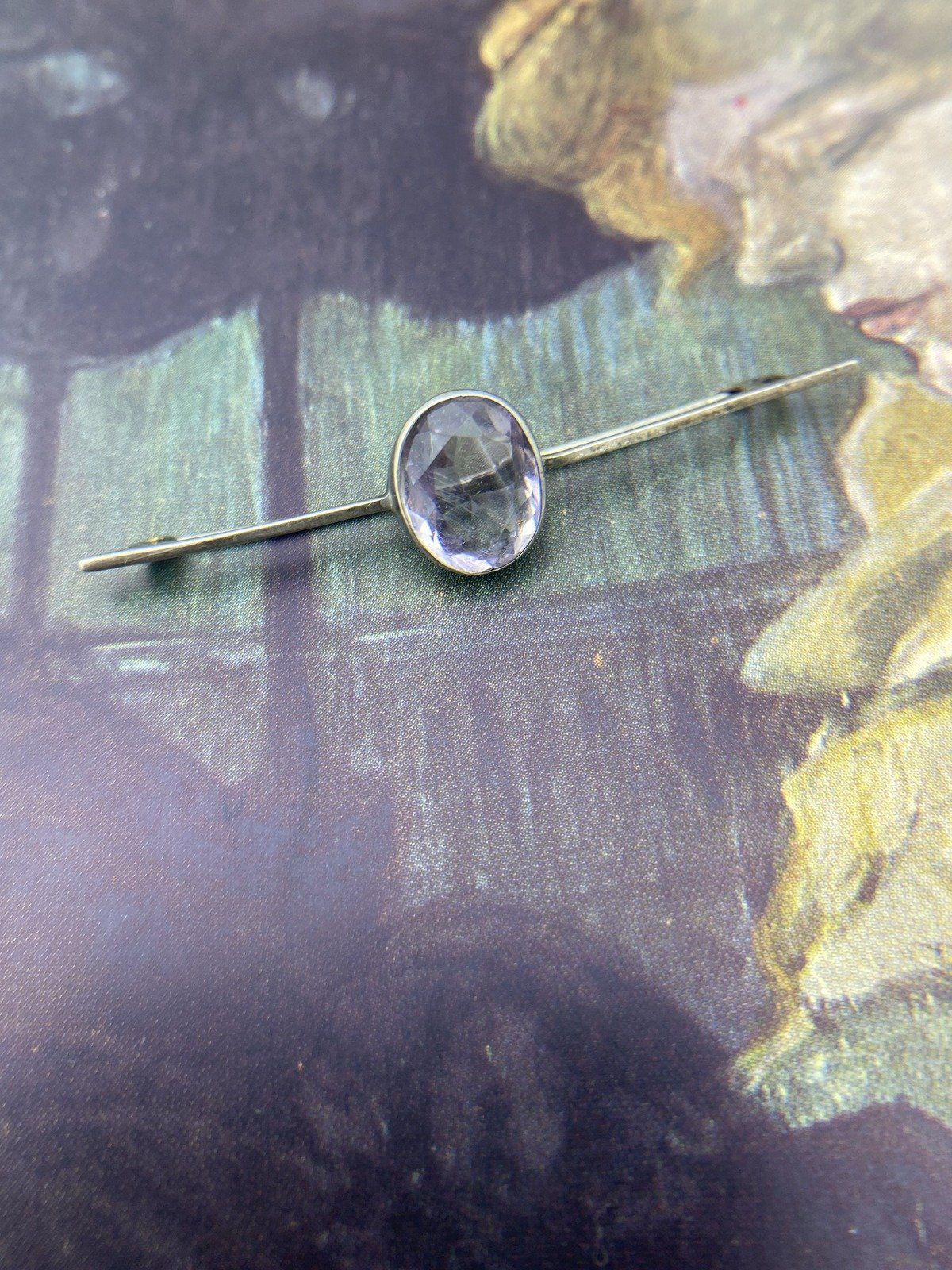 Antique Sterling Silver Bar Pin Brooch w Lavender Vera Cruz Amethyst Oval Center 4