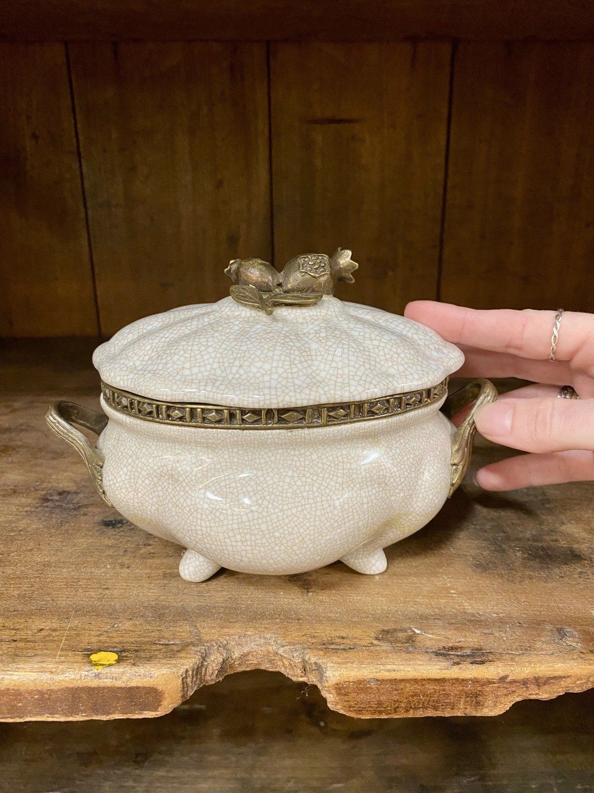 Taupe Crazed Ceramic + Bronze Pomegranate Lidded Storage Box w Handles 8
