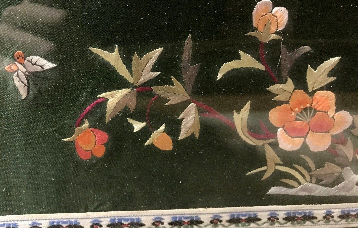 Mid 20th Century Chinese Silk Floral and Butterfly Embroidery (Olive) 2