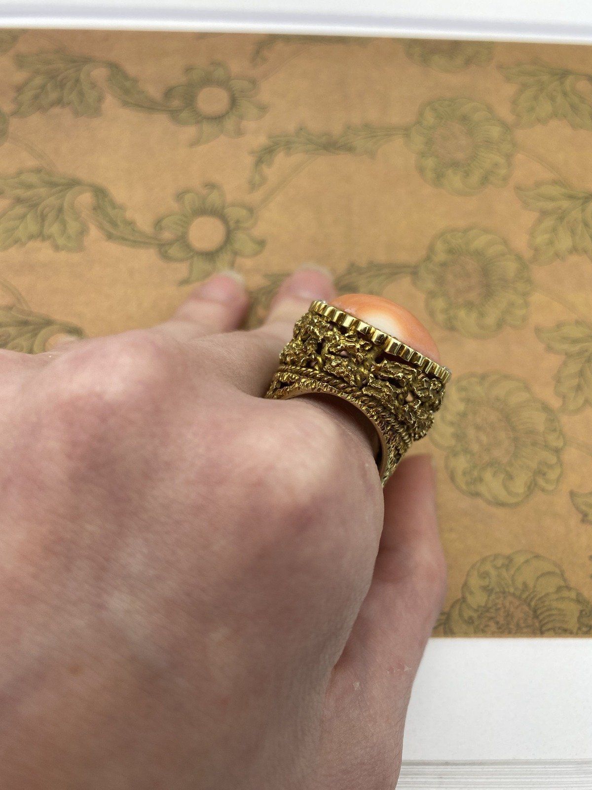 Near Antique c.1930s 14k Gold Nugget + Angel Skin Coral Regale Ring w Diamond Accents 8