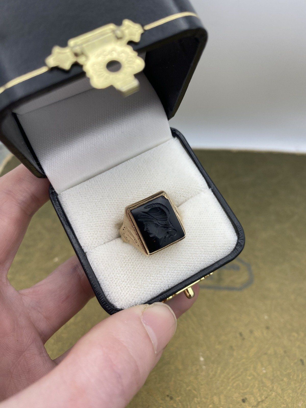 Antique Men's 10k Gold Georgian Warrior Head Onyx Intaglio Ring #2177 2