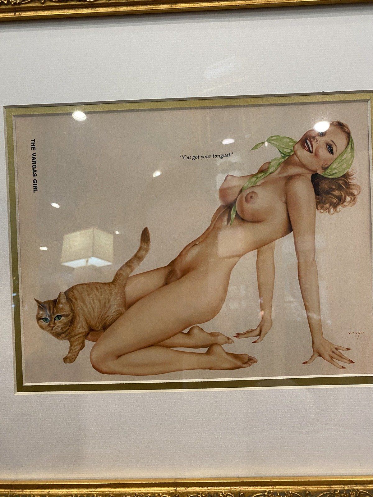 Vintage 18x16 Pin Up Erotic The Vargus Cat Girl Nude Print + Gilt Frame 2