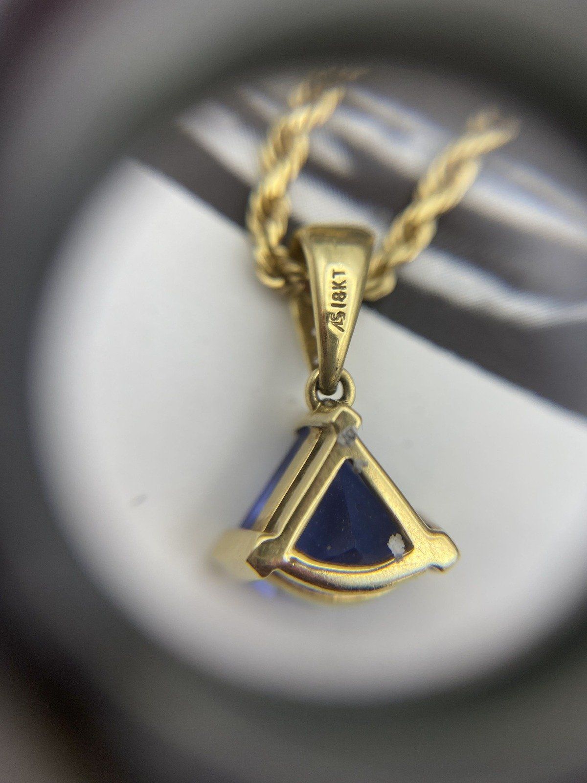 18k Gold Natural Blue Tanzanite Round Trillion 18L Drop Necklace w Diamond Bail Details 8
