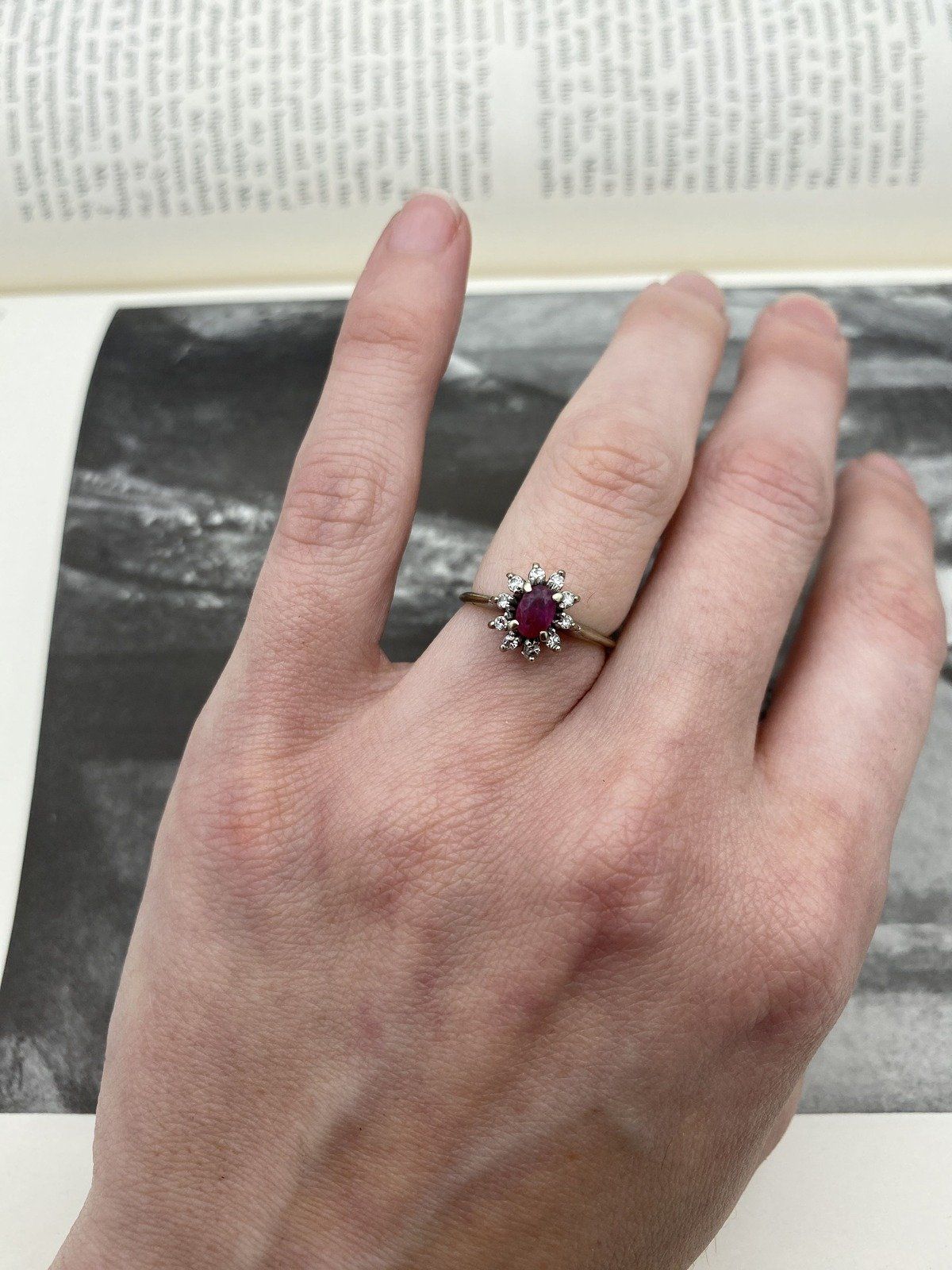 Antique 14k White Gold Oval Ruby + Diamond Flower Solitaire Ring 3