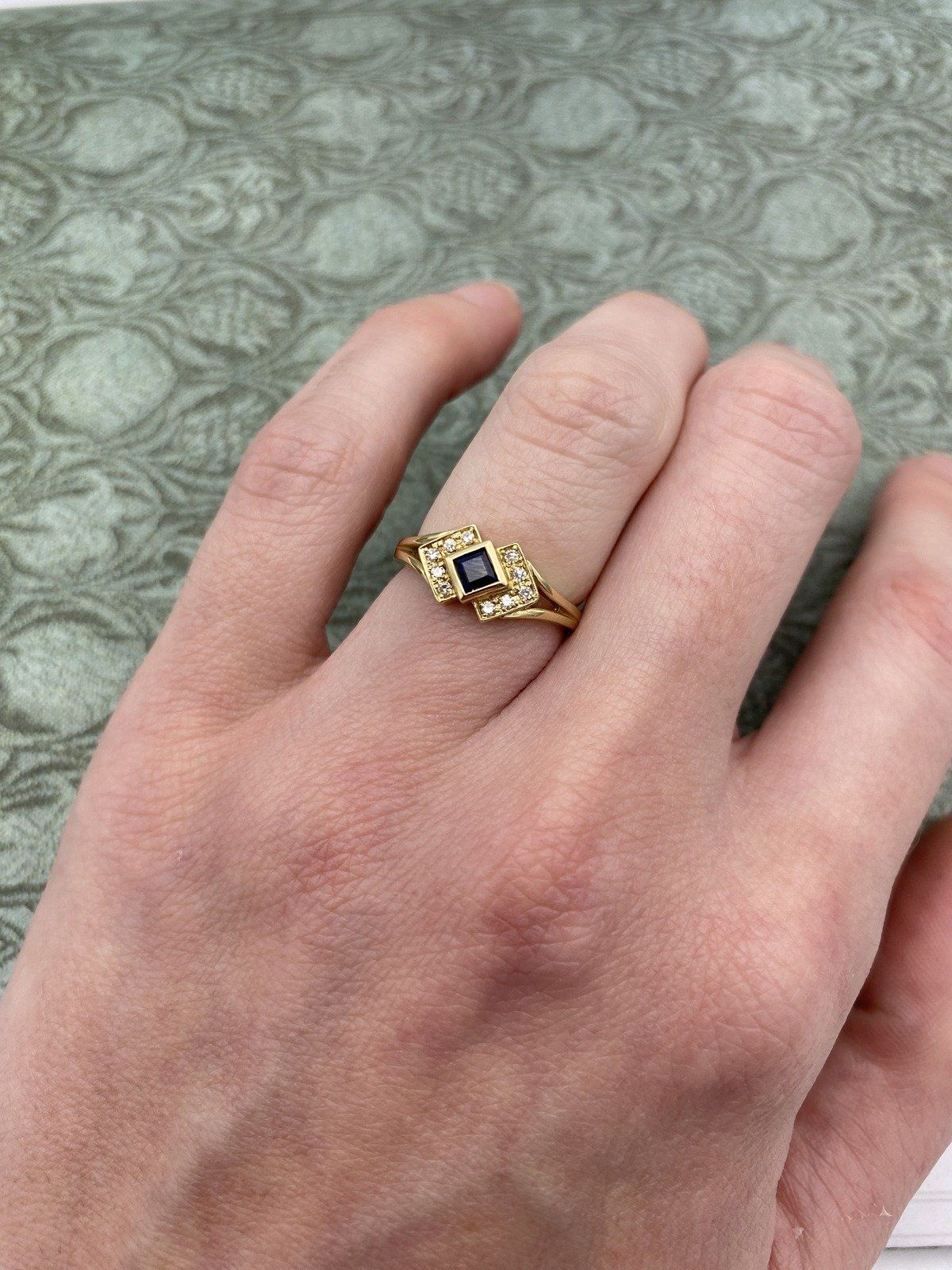 14k Gold Bezel Set Square Cut Sapphire + Diamond Geometric Ring 3