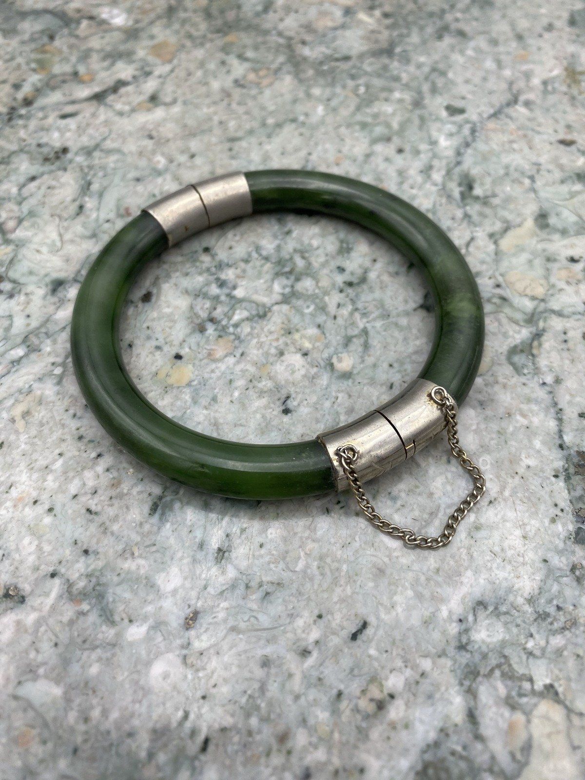 Vintage Genuine Nephrite Green Jade Stone Bangle w Safety + Silver Accents 4