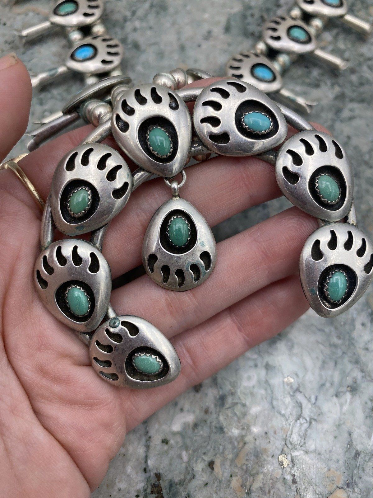 Vintage Sterling Silver Signed GJ Native American Bear Paw + Turquoise 6