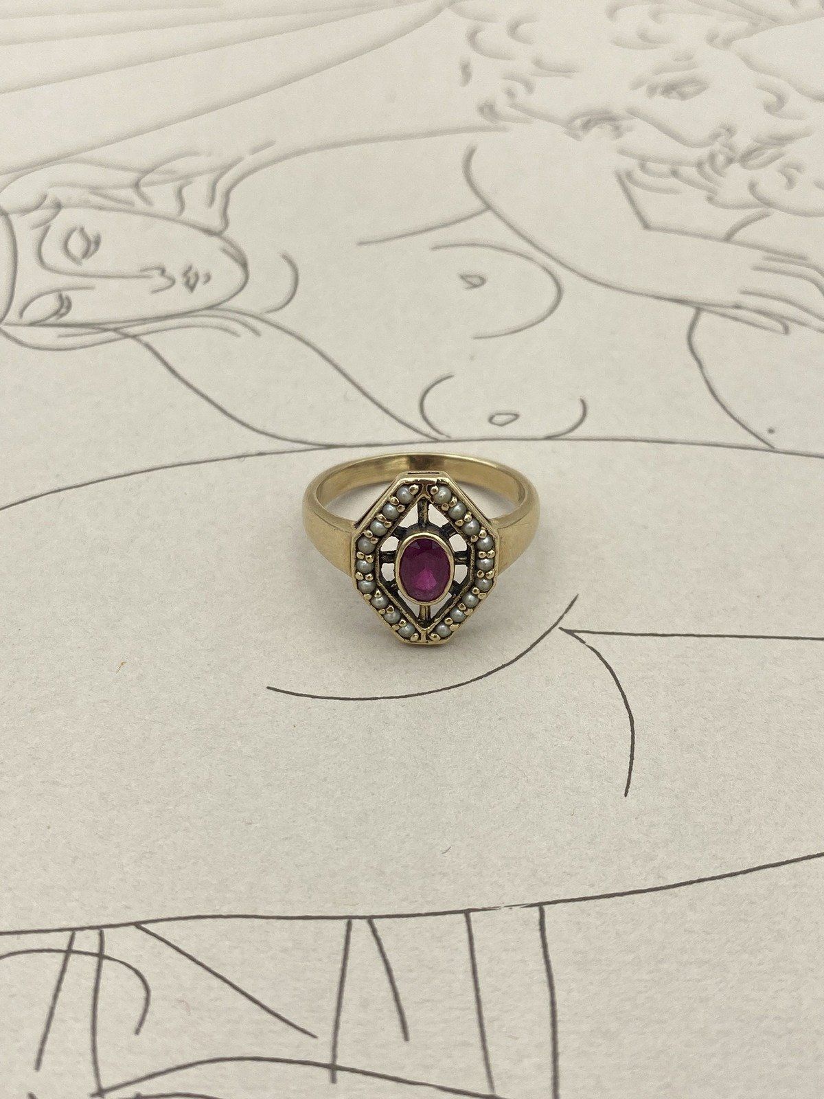 Antique 10k Gold Trapezoid Seed Pearl + Bezel Oval Ruby Navette Ring #2937 2