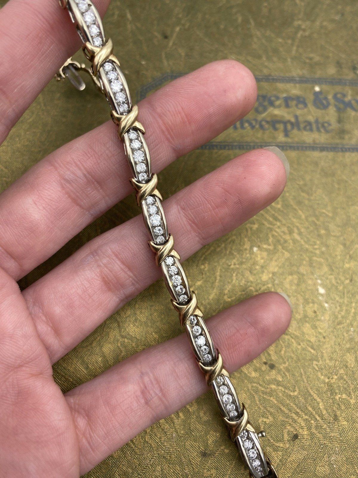 10k Dual Gold Channel Set Diamond Tennis Bracelet w Intersection Cross Link 6.5L #2580 7