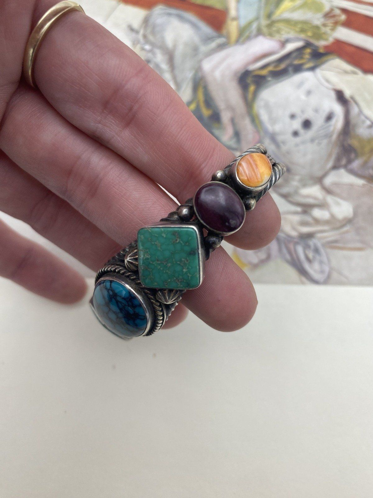 Signed Native American Arron Toadlena Sterling Silver Turquoise + Spiny Oyster Cuff Bracelet 5