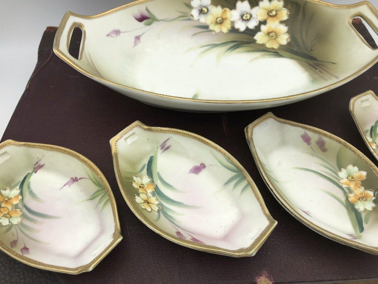 Nippon Hand Painted Celery Dish with 6 Matching Salt Dishes 2