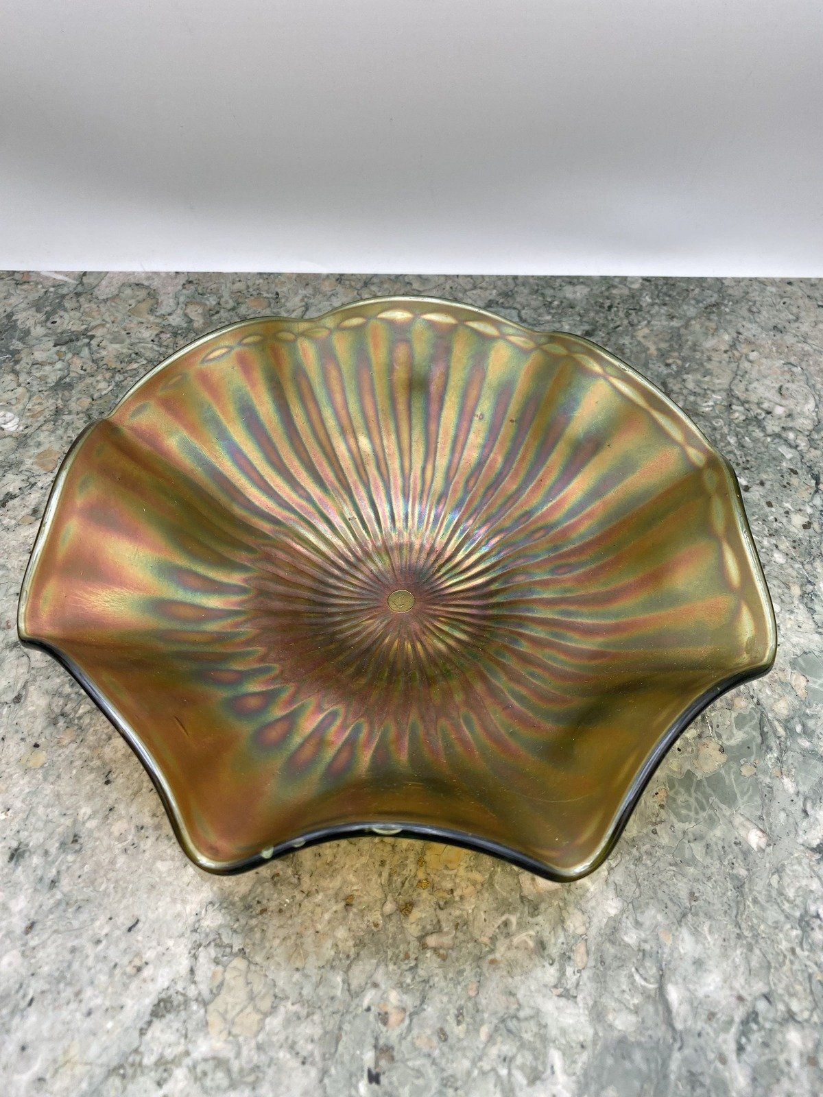 Fenton Carnival Glass Stripped Green Ruffle Dish 489 5