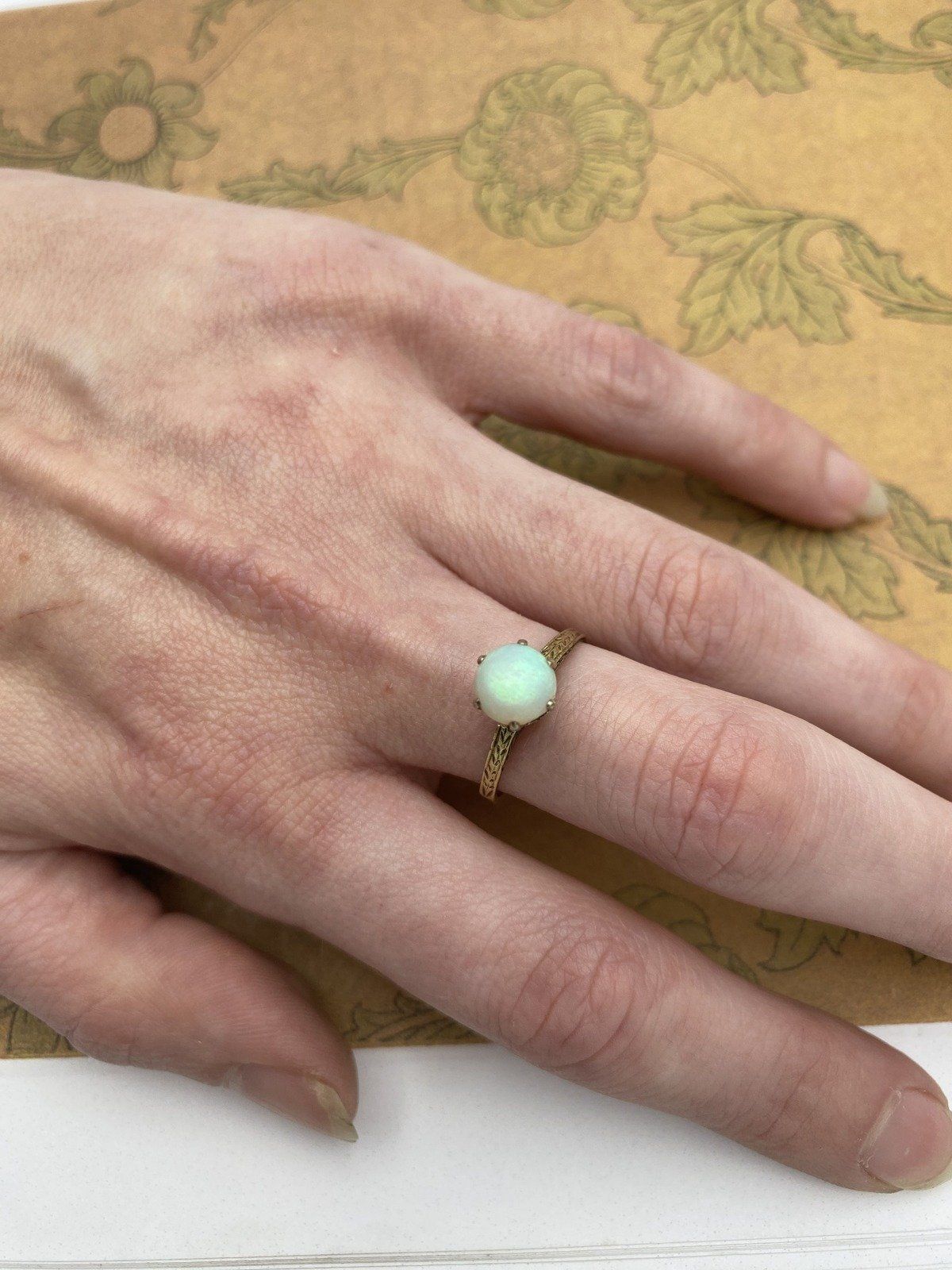 Antique Edwardian 14k Gold Matte Domed Opal Ring w Ornately Etched Setting #2734 10