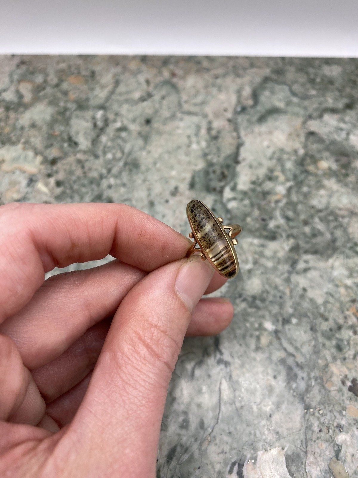 Antique 14k Gold Rare Botswana Agate Navette Ring 11