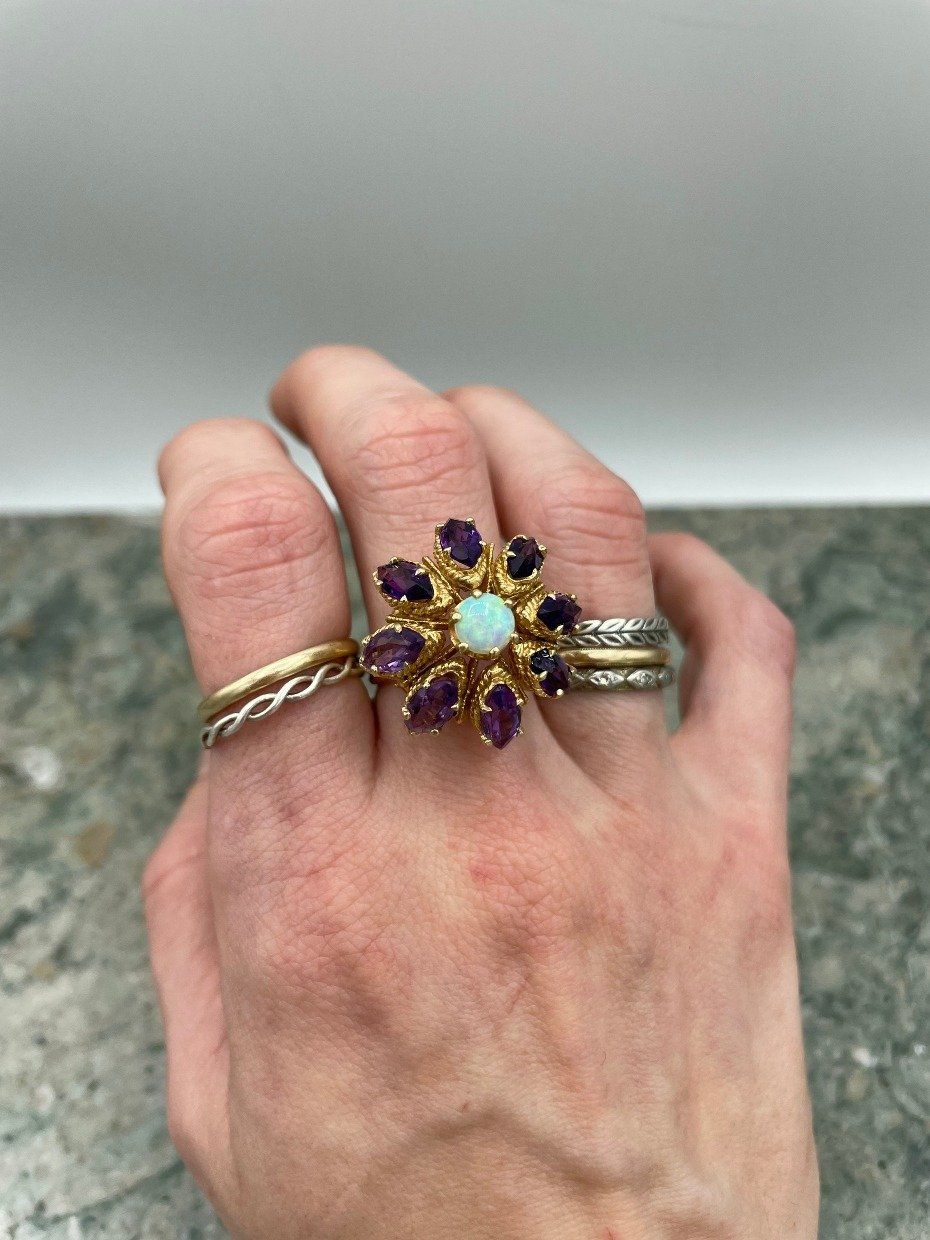 Antique Marquise Cut Deep Purple Amethyst + Opal Cluster Ring 7