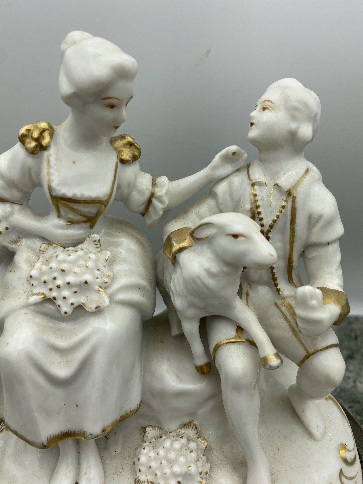 Bone + Gilt Porcelain Court Scene on Ornate Brass Base 3