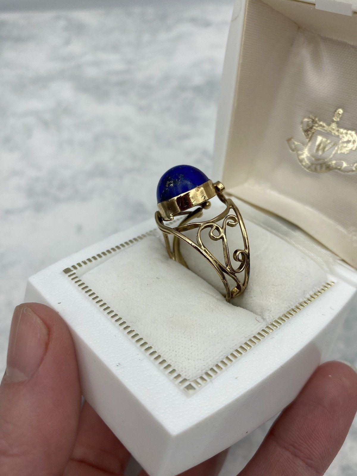 Vintage 14k Sculptural Lace Lapis Lazuli Polished Statement Ring 7