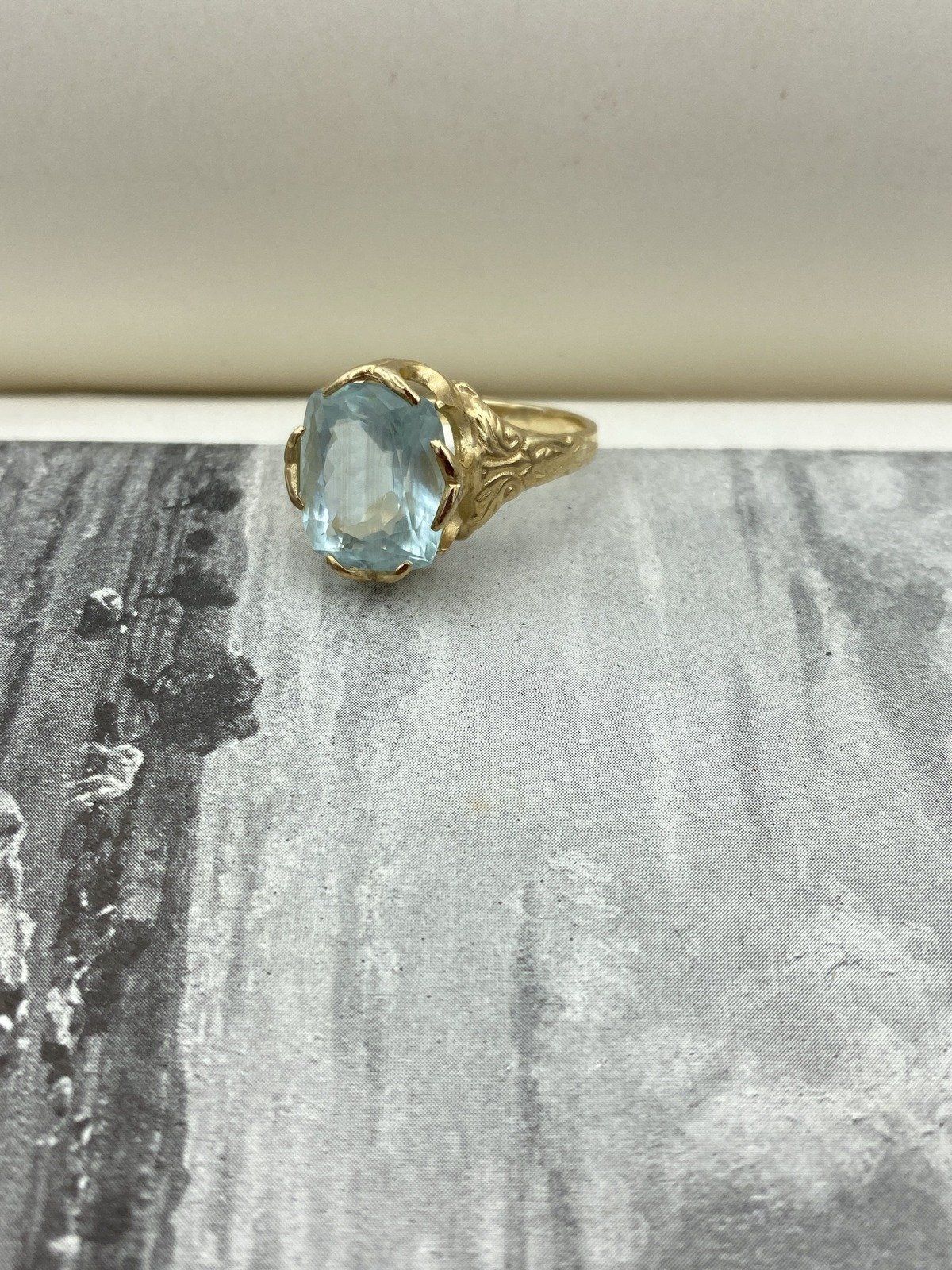 Antique Victorian 14k Gold High Quality Natural Cushion Cut Aquamarine Dress Ring w Carved Shoulder Motif + Lovely Prong Design 4