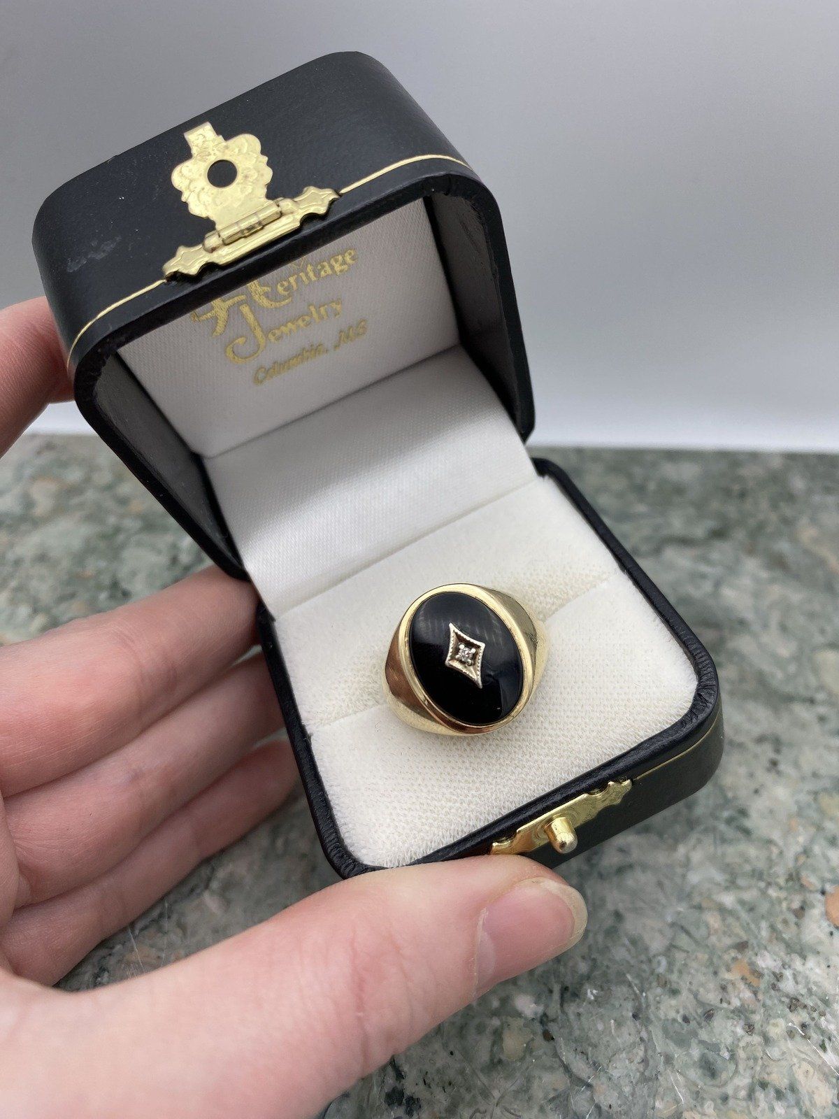 Men's Vintage 14k Gold Onyx + Diamond Parlor Ring 2