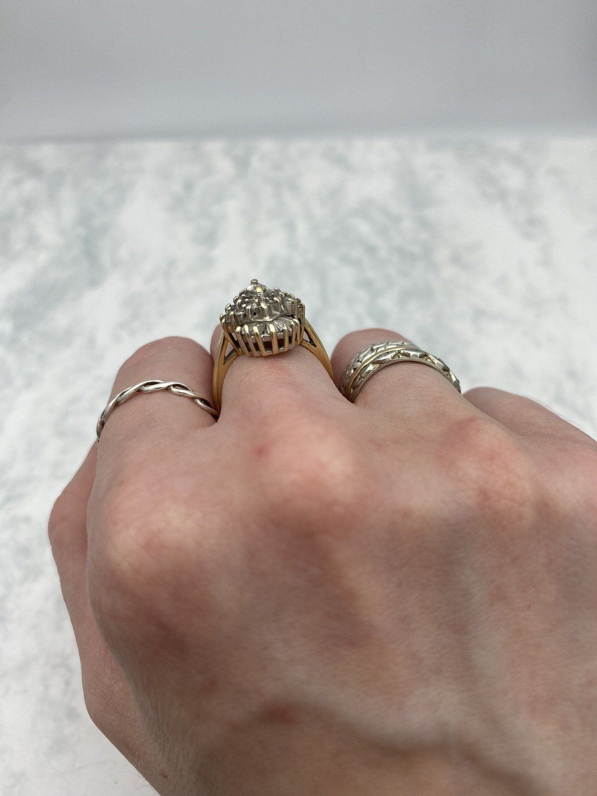 14k Vintage Diamond Spray Cluster Burst Ring w Baguettes + Marquise Center Diamond Ring 9
