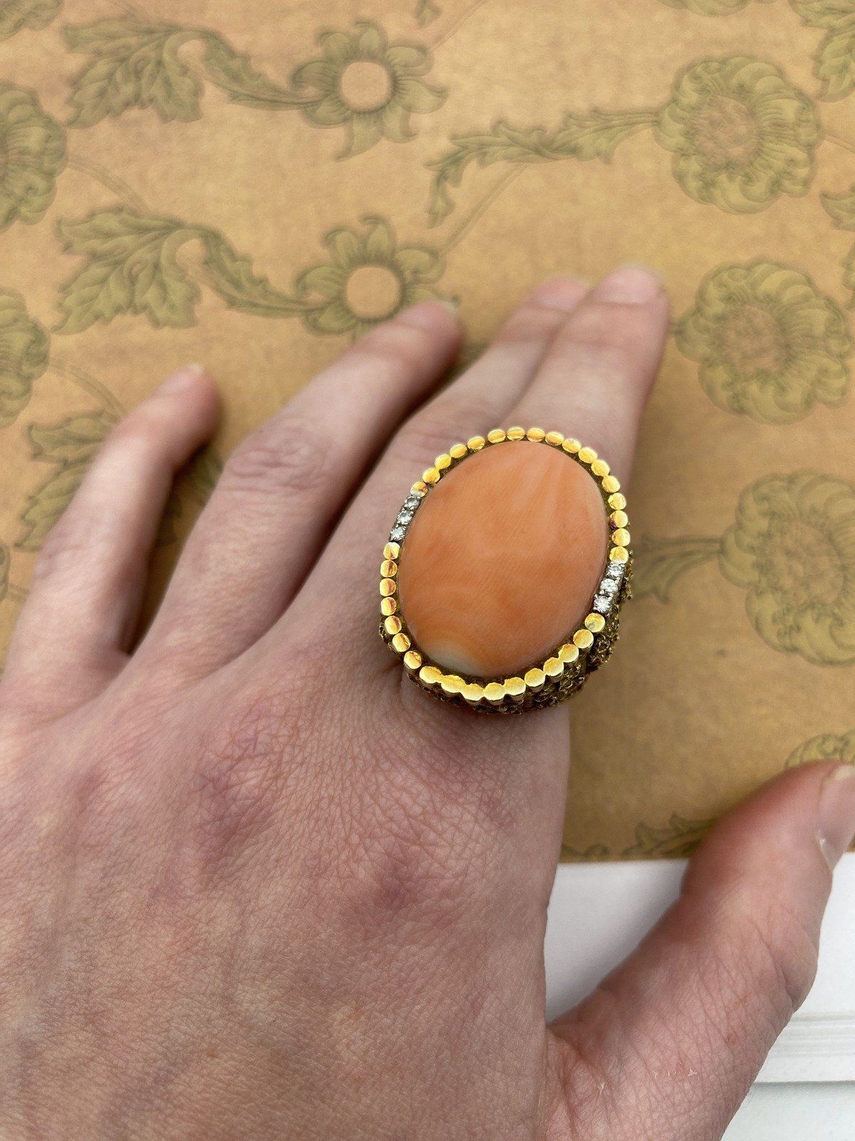 Near Antique c.1930s 14k Gold Nugget + Angel Skin Coral Regale Ring w Diamond Accents 5