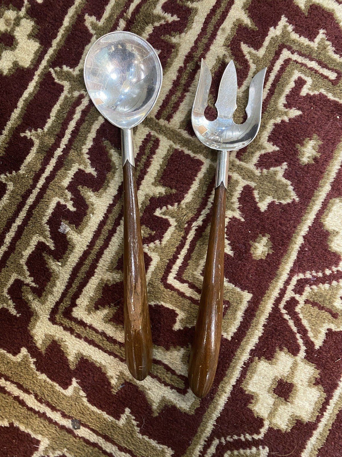 Pair of Primitive Wood Handle + Sterling Silver Salad Serving Utensils