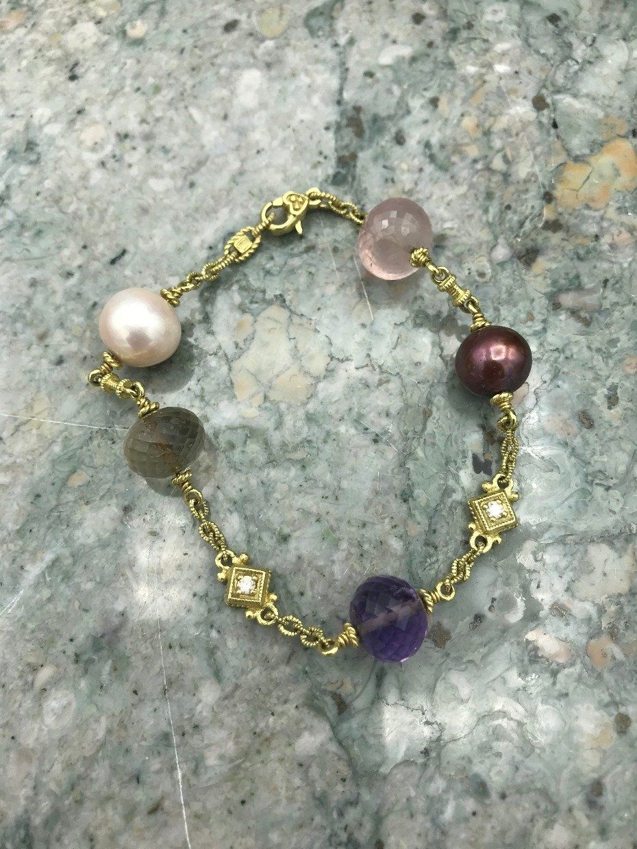 Designer Vintage 18k Gold Judith Ripka Diamond + Rose Qtz + Pearl 4pc Parure *SET* 5