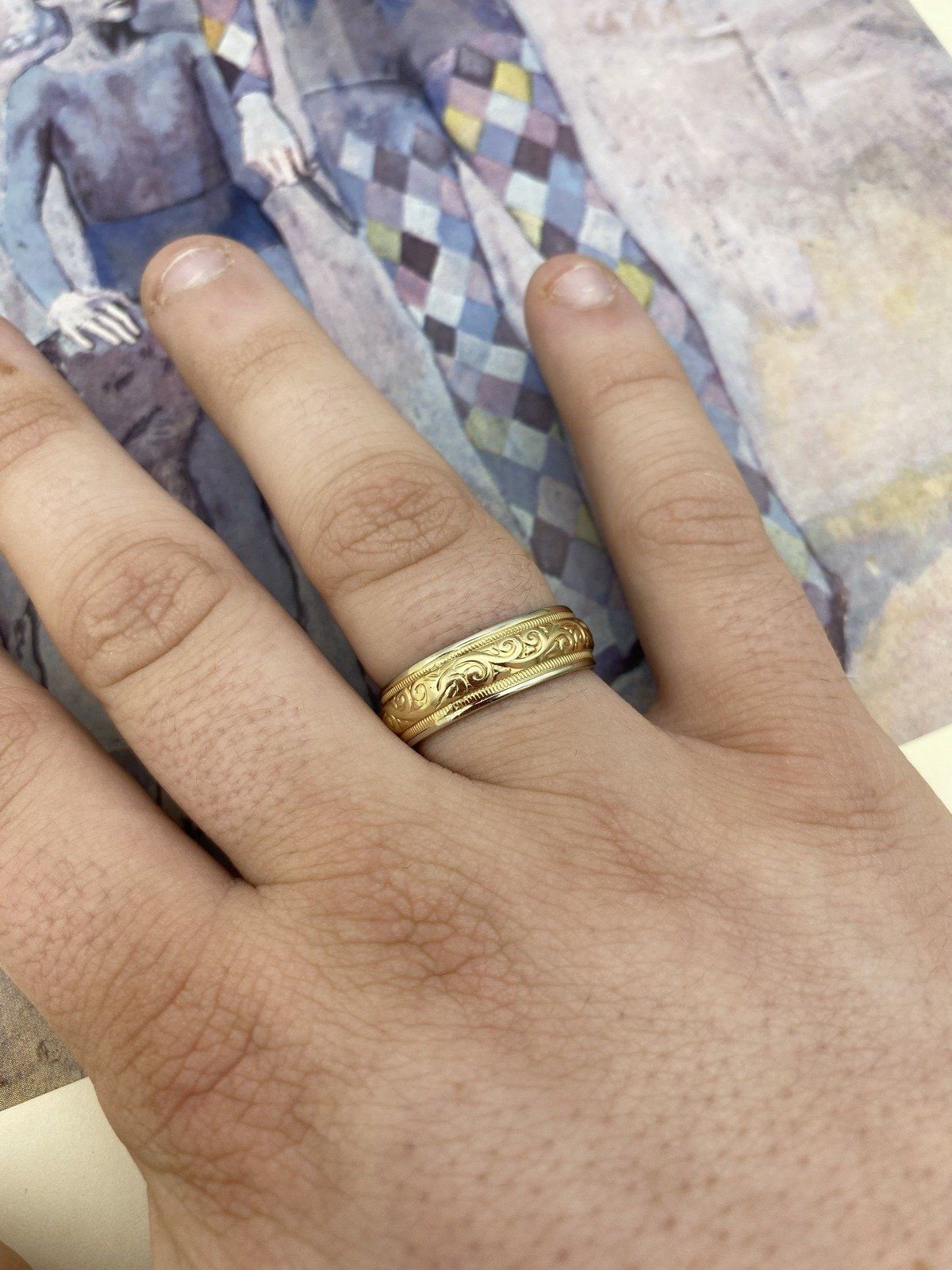Modern Antique Inspired 14k Dual Gold Carved Men's Wedding Ring Band 3