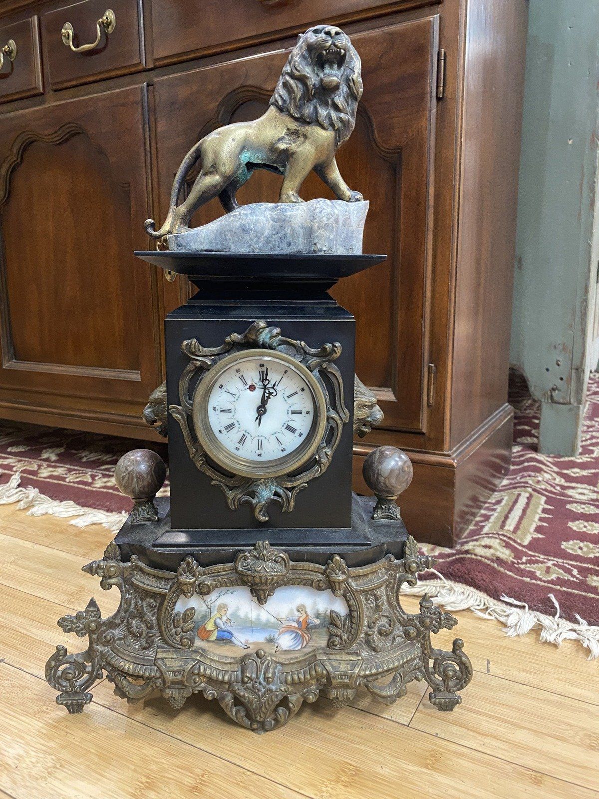 Antique Rococo Style Lion Wind Up Mantle Clock + Pastoral Motif