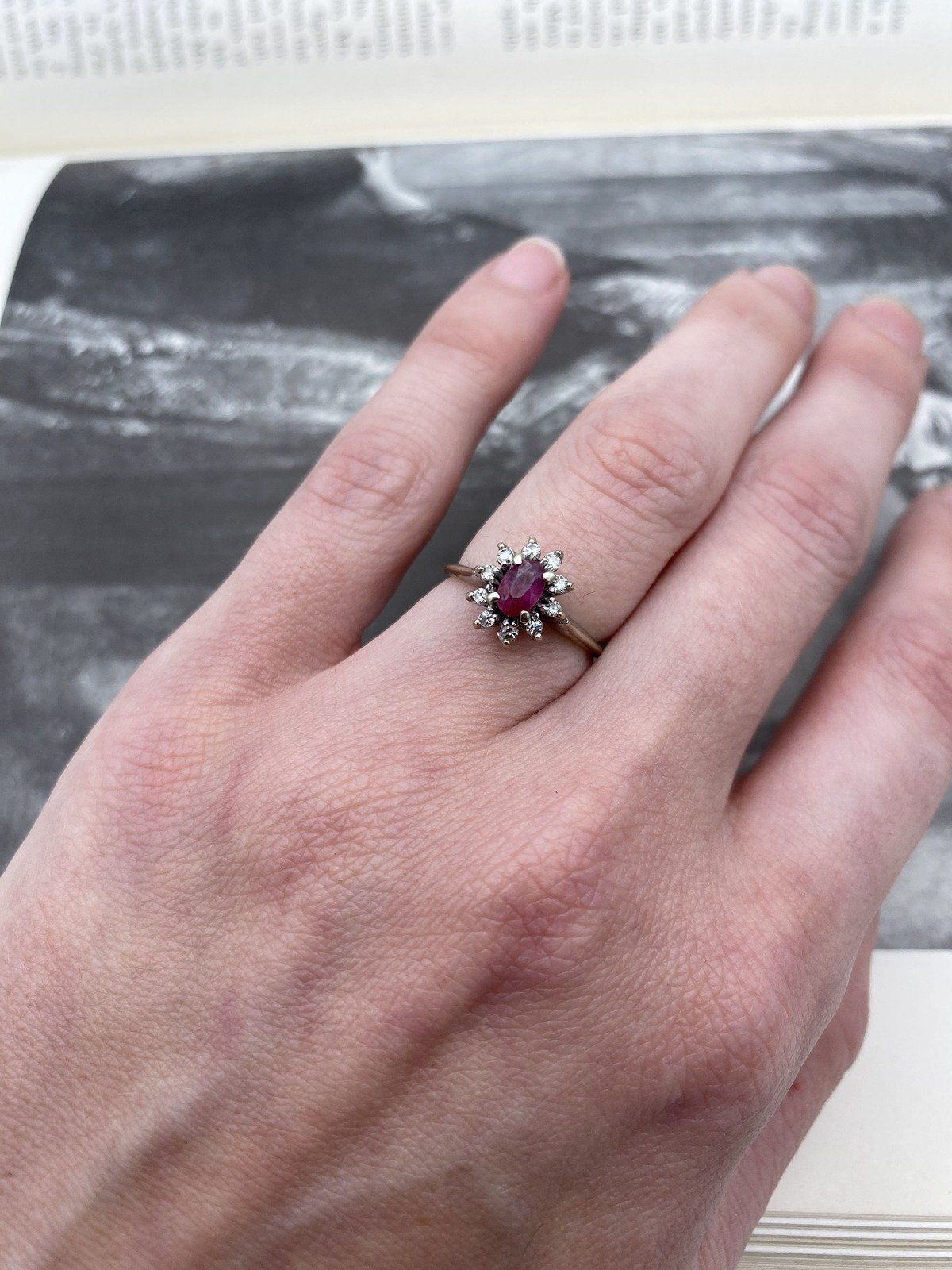 Antique 14k White Gold Oval Ruby + Diamond Flower Solitaire Ring 10