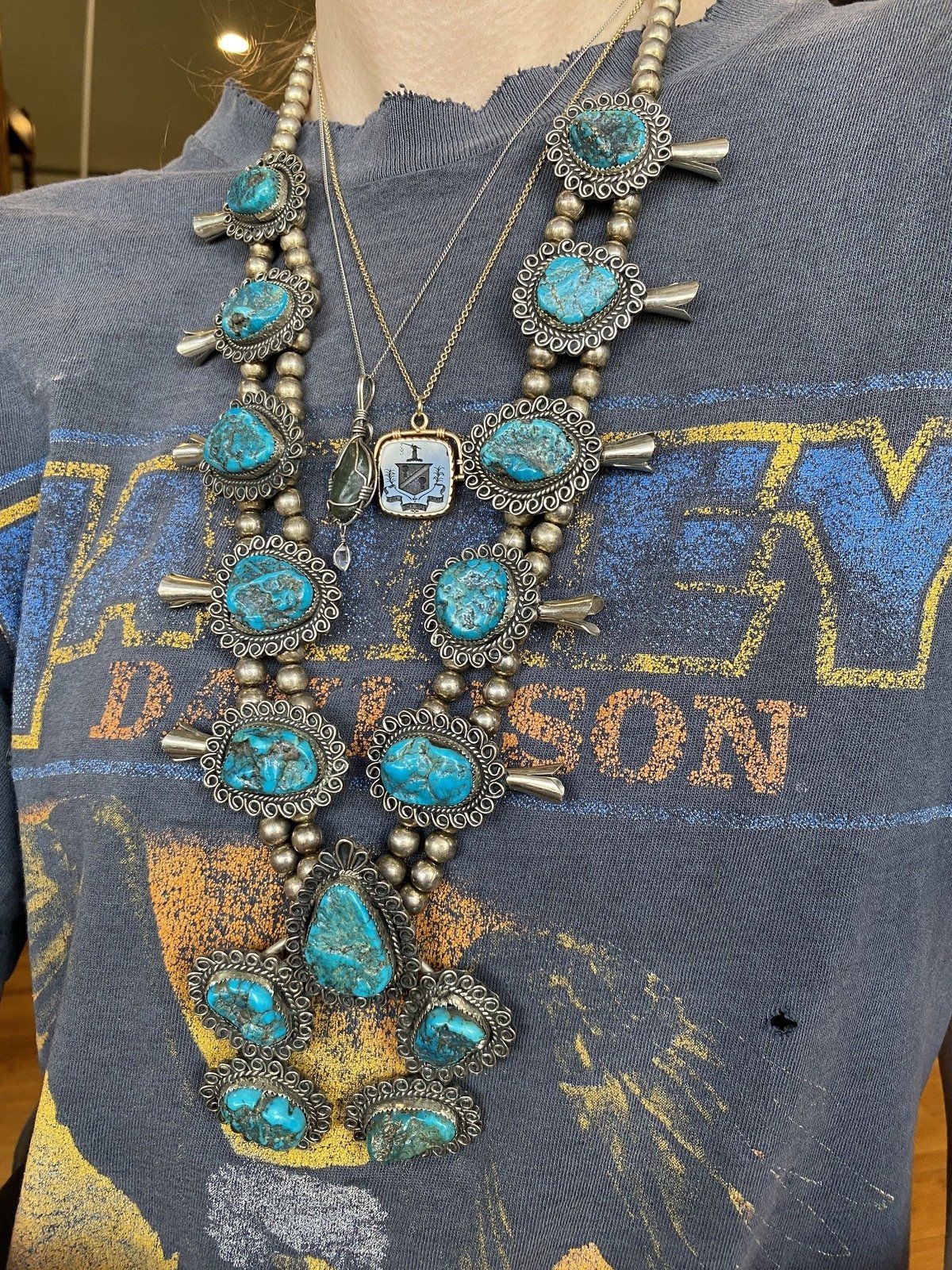 Vintage c.1970s Unsigned Navajo Native American Turquoise Squash Blossom Necklace 13