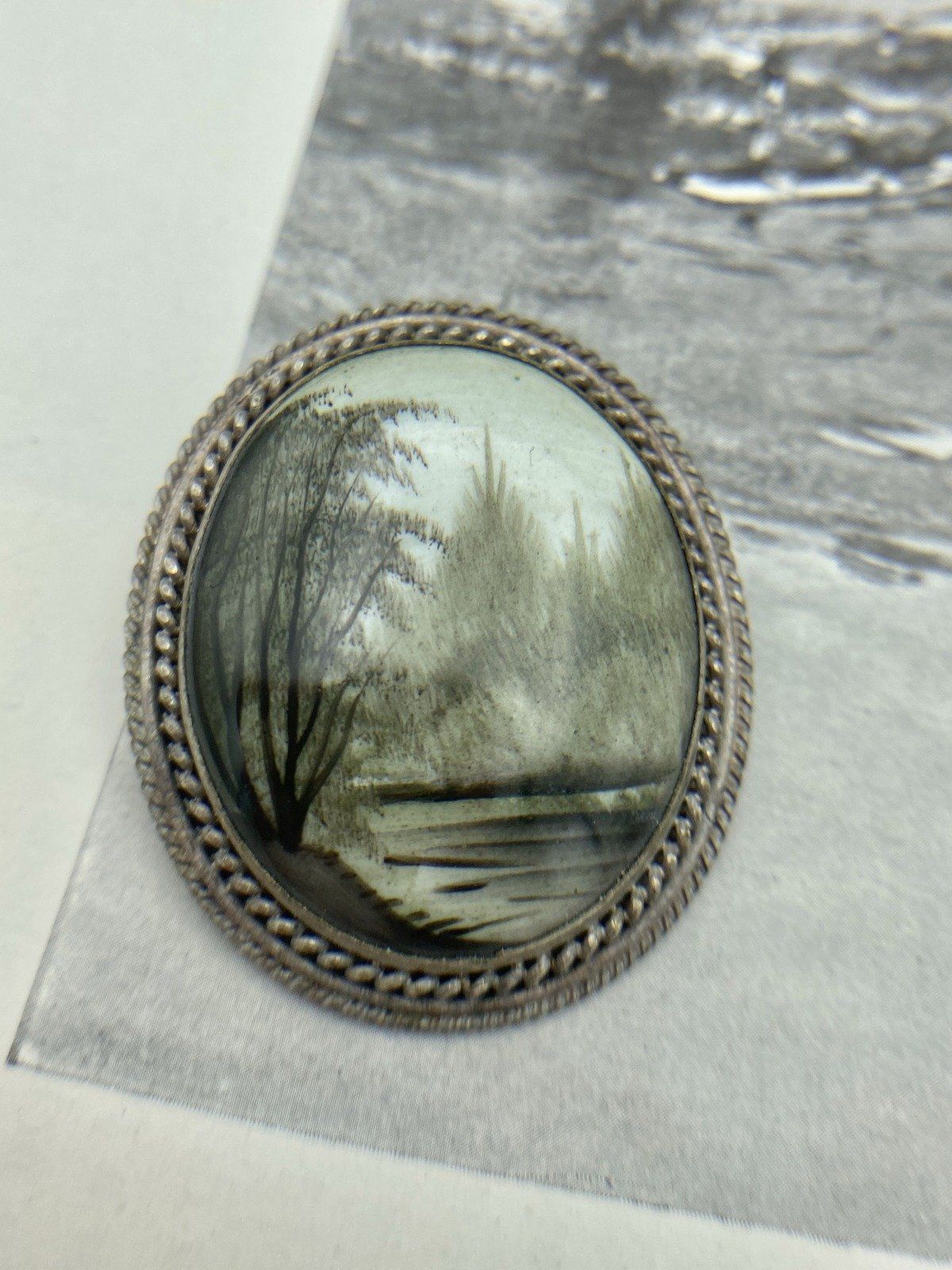 Antique Russian Enamel Painted Green Sepia Landscape Scene Brooch #2125 2