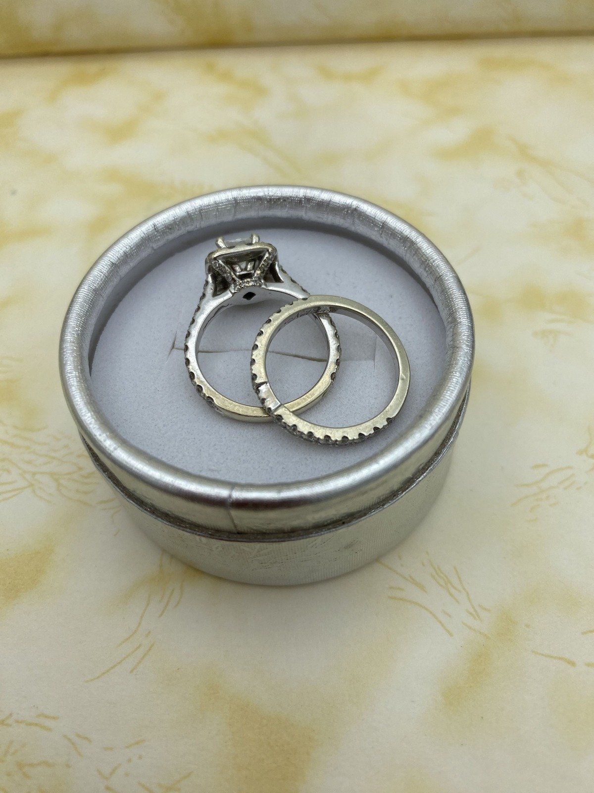 14k White Gold Neil Lane .88ct Princess Cut Diamond Engagement Ring w Sizeable Diamond Halo + Band w Retro Fitting Guard 2