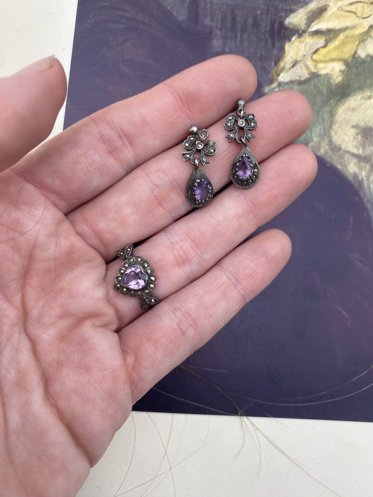 Antique c.1920s Sterling Silver Marcasite + Amethyst Heart Ring + Drop Earrings *SET* 3
