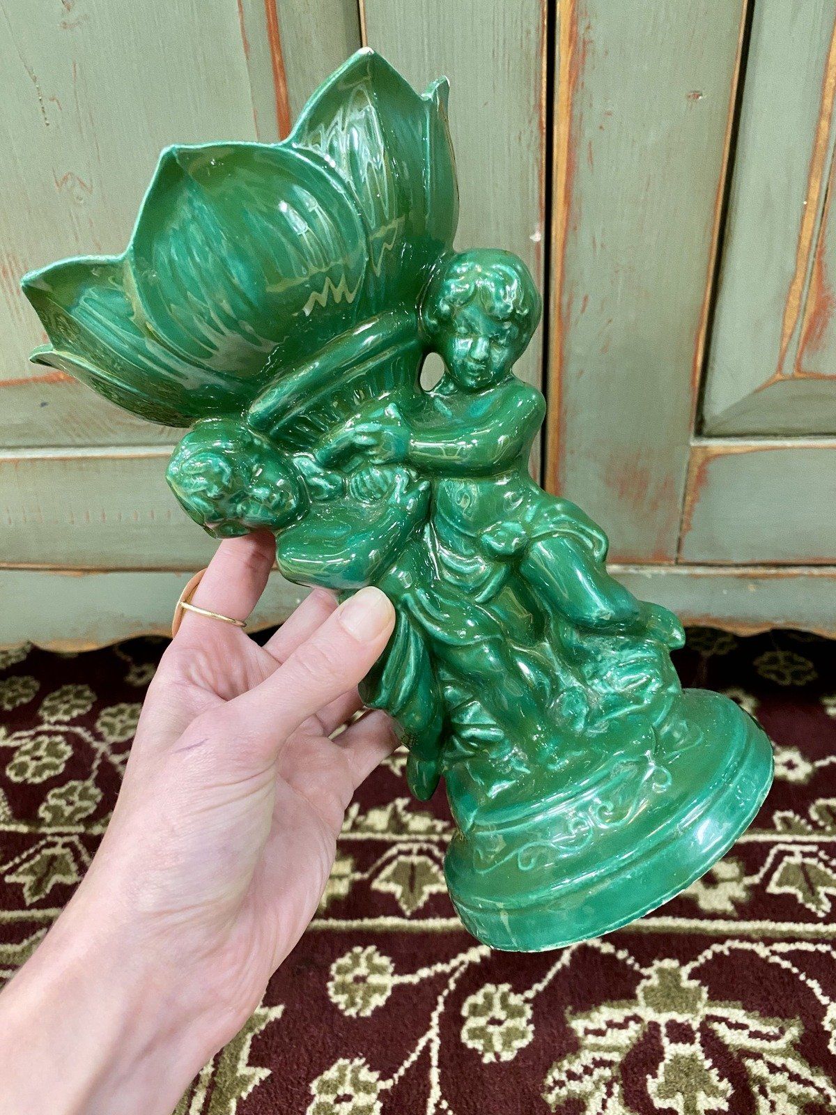Vintage Signed VERNA GALLOWAY Twin Cherub Lotus Green Ceramic Pedestal Dish 10