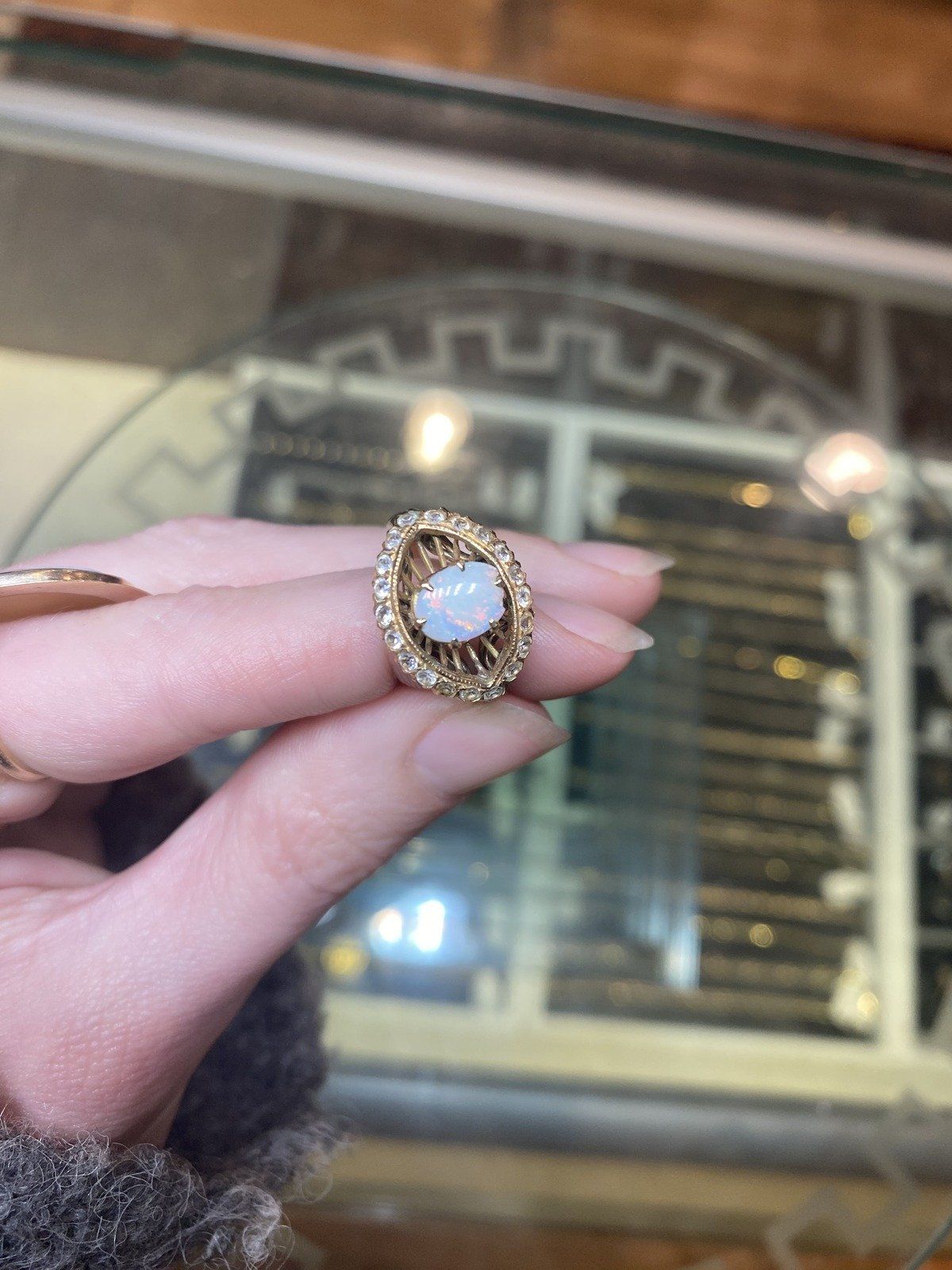 Antique 14k Gold Opal + Old Mine Diamond Almond Eye Ring 10