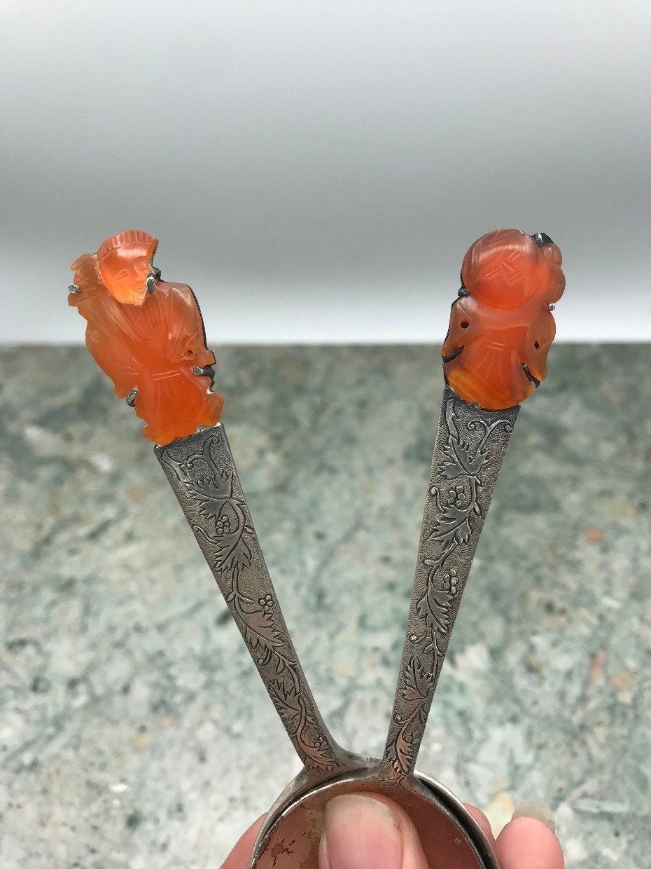 Pair of Vintage c.1940s .900 Chinese Silver Etched Soup Spoons w Carved Carnelian/Agate Figures 2