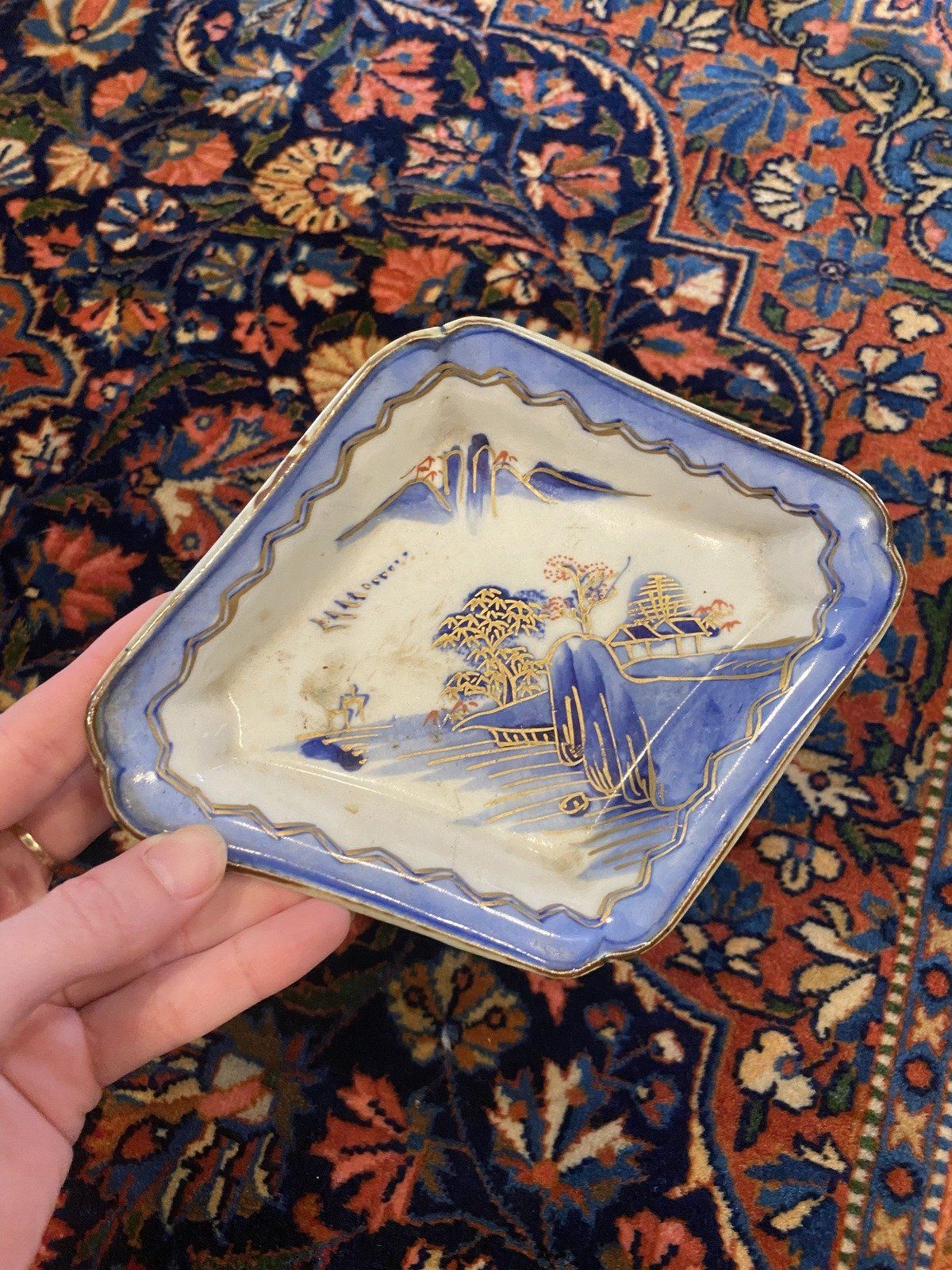 Japanese Ceramic Flow Blue Landscape Painted Dish 4