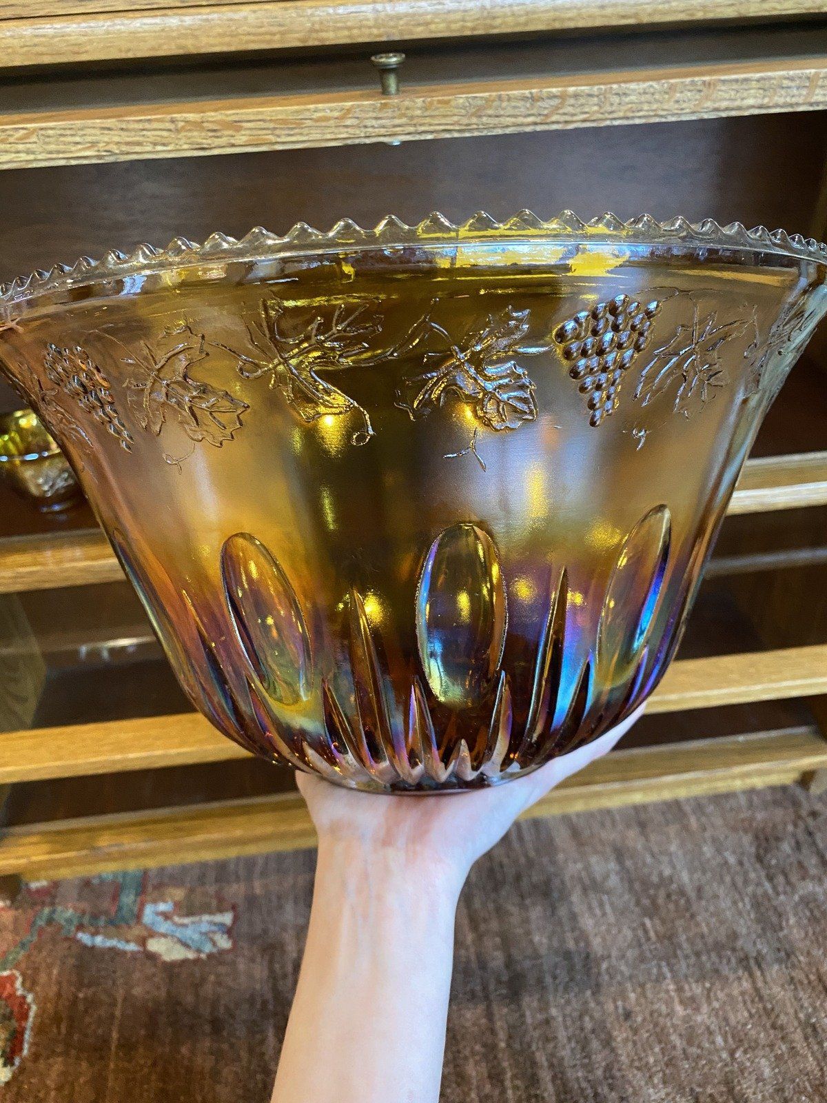 Indiana Carnival Glass Marigold Orange Carnival Glass Punch Bowl + 6 Cups 16